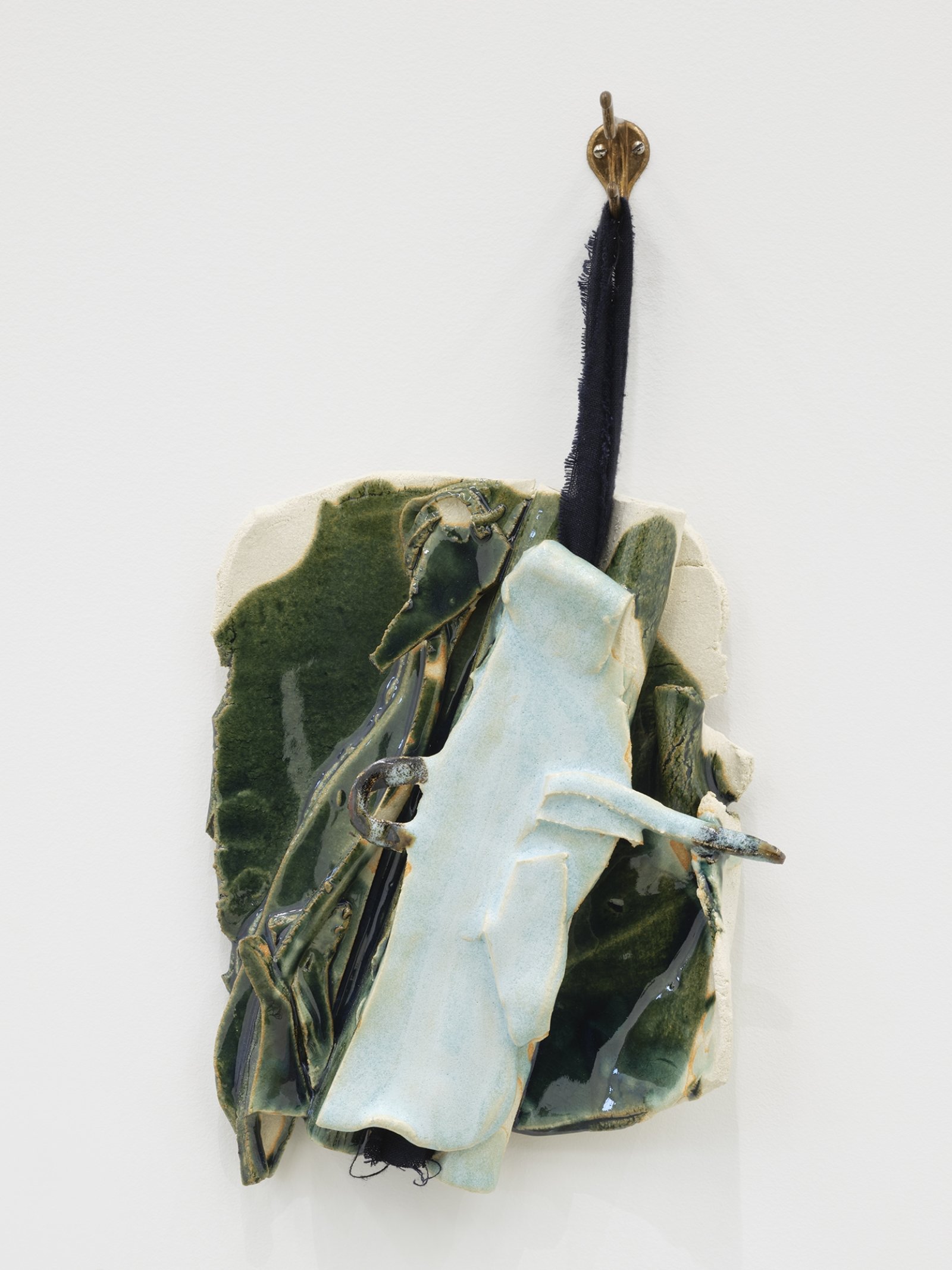 Christina Mackie, Token no. 12, 2019, stoneware, linen, coat hook, 18 x 10 in. (45 x 24 cm)