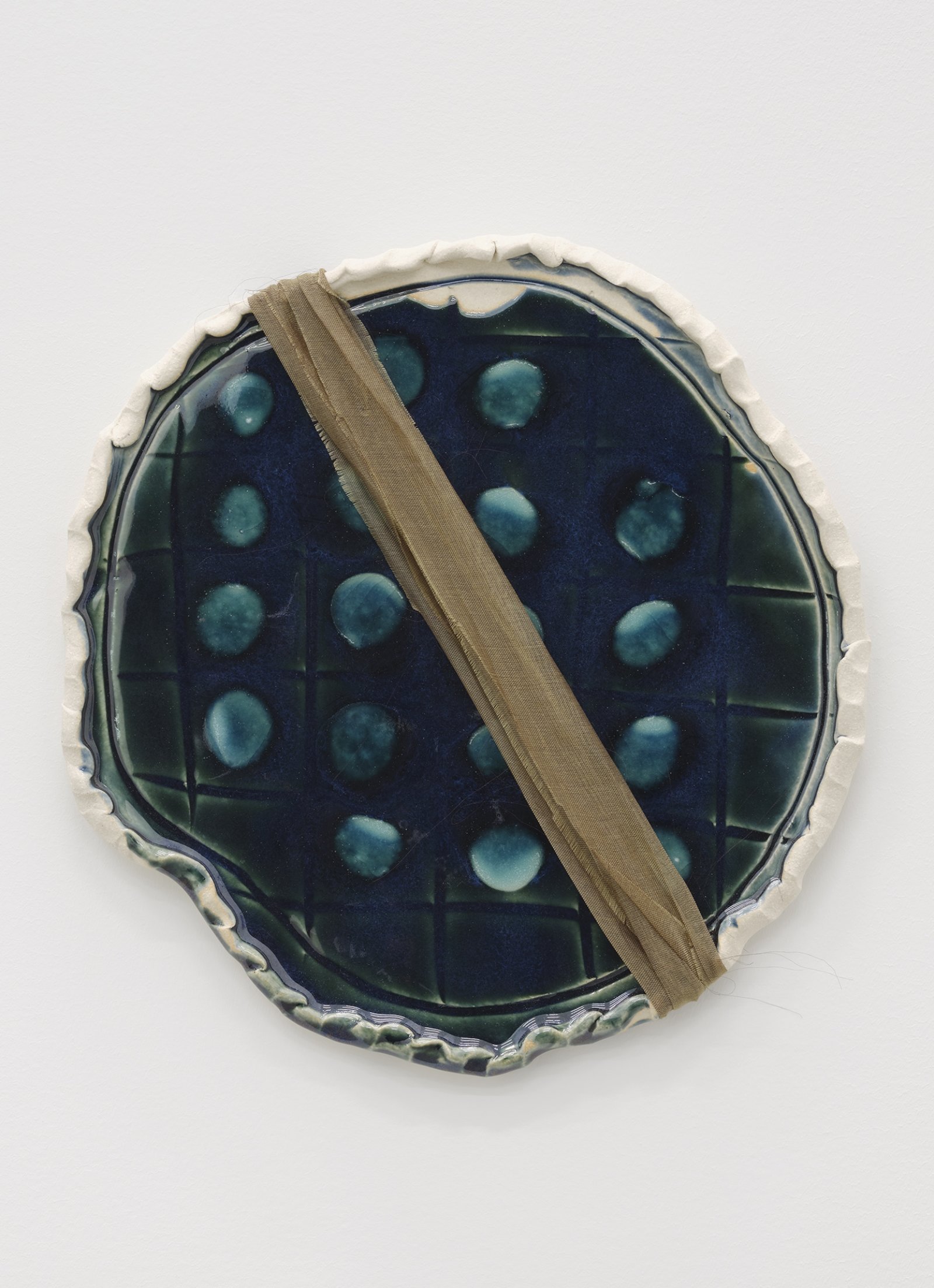 Christina Mackie, Token no. 3, 2019, stoneware, silk, 12 x 12 in. (30 x 29 cm)
