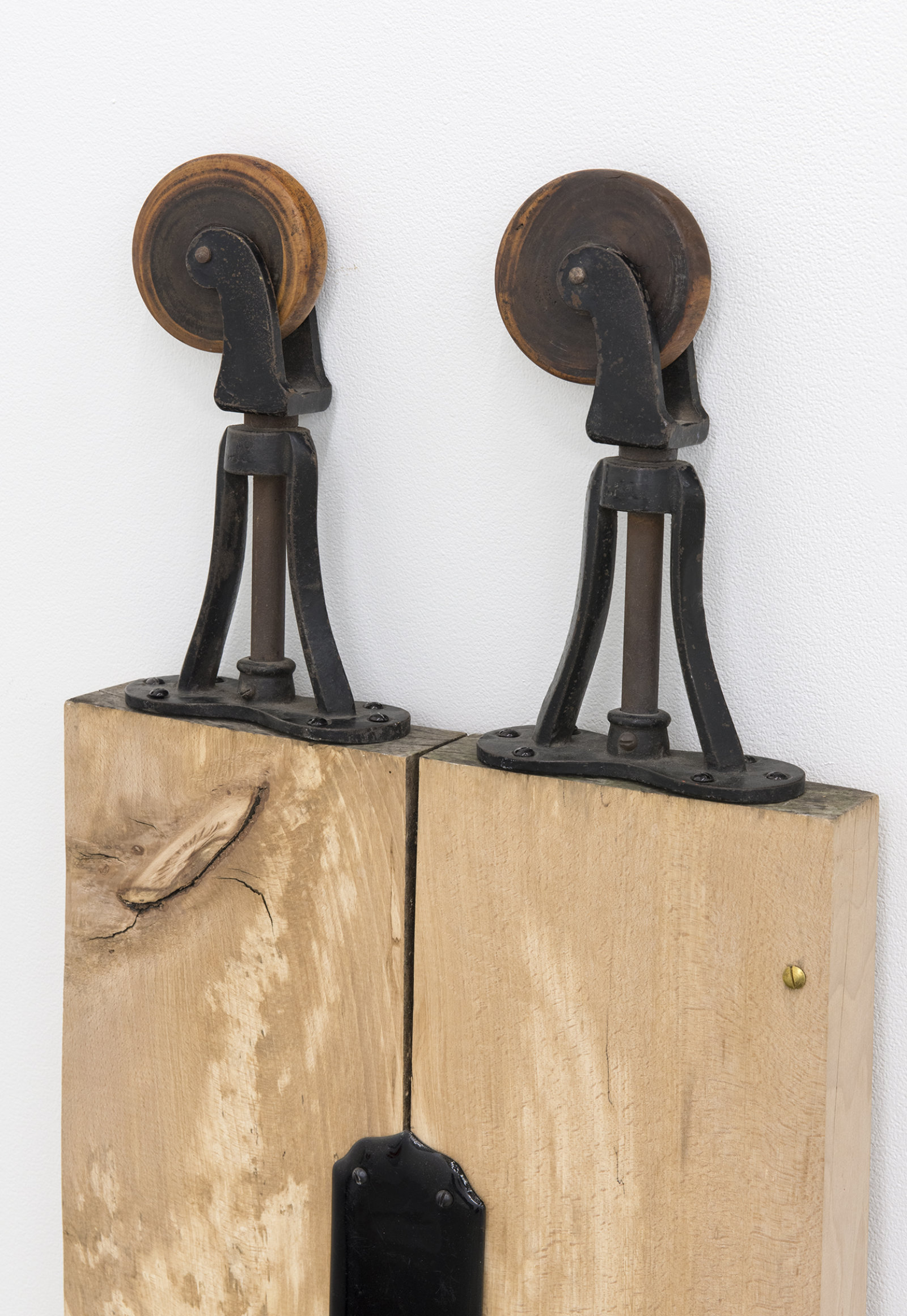 Christina Mackie, Trestle Person III (detail), 2012, cast iron, wood, ceramics, brass, 46 x 16 x 3 in. (116 x 39 x 6 cm)