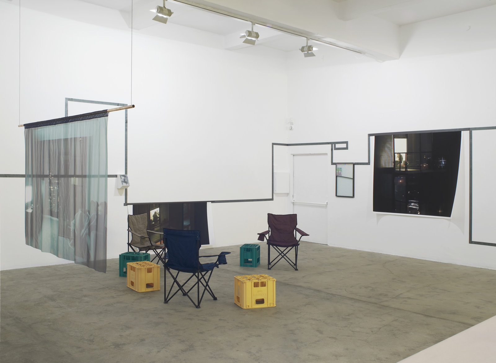 Christina Mackie, Us, The Residents, 2011–2012, stainless steel, inkjet prints, dye sublimation fabric prints, iridescent water glass, wood, magnets, copper pipe, aeroply, felt, beer crates, camping chairs, door furniture, CNC routed styrofoam, dimensions variable. Installation view, Painting the Weights, Chisenhale Gallery, London, UK, 2012