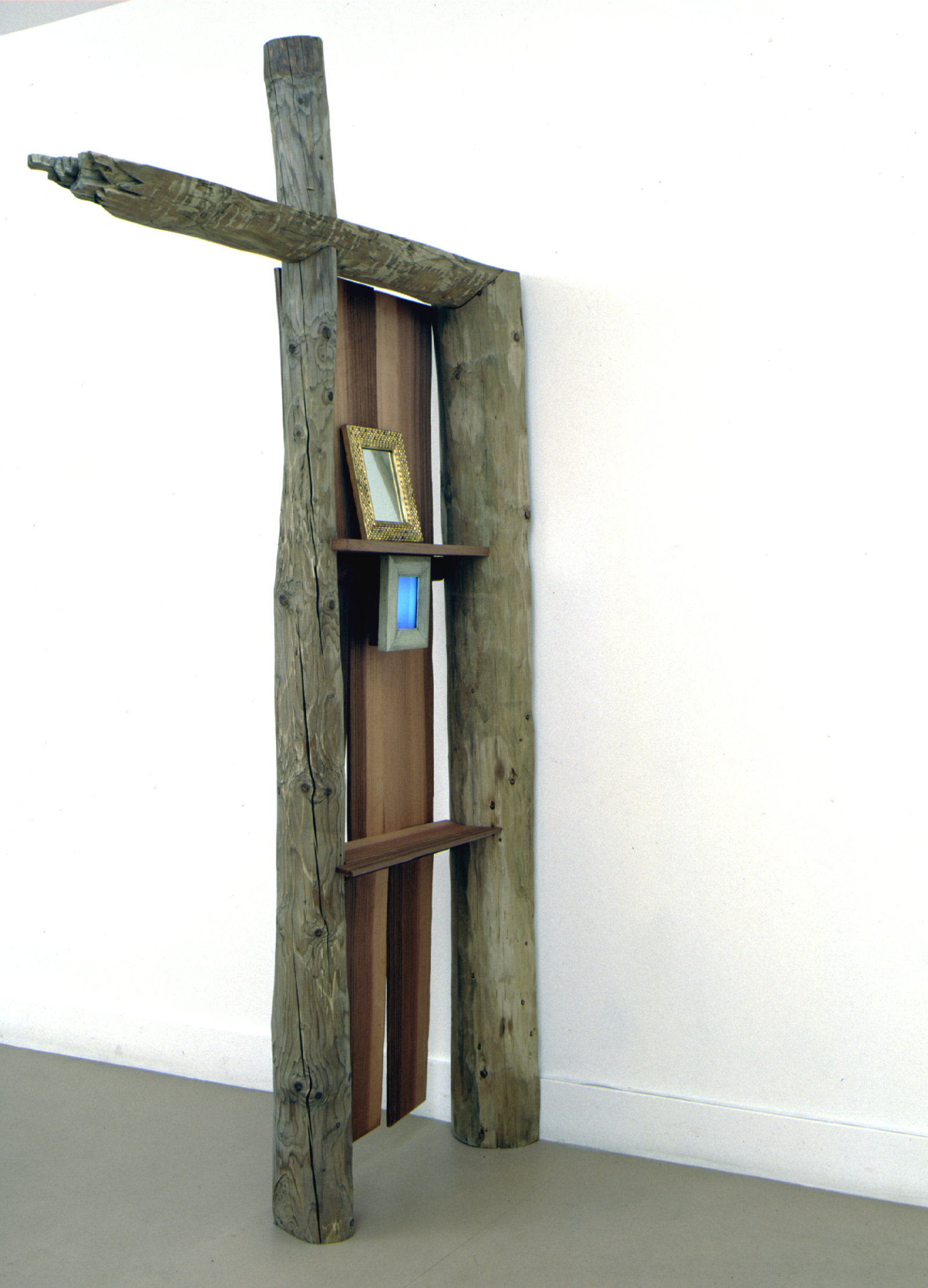 Christina Mackie, Where, 1998, larch, cedar, frames, pinhole camera, flat monitor, copper, mirror, 91 x 54 x 8 in. (230 x 138 x 20 cm)
