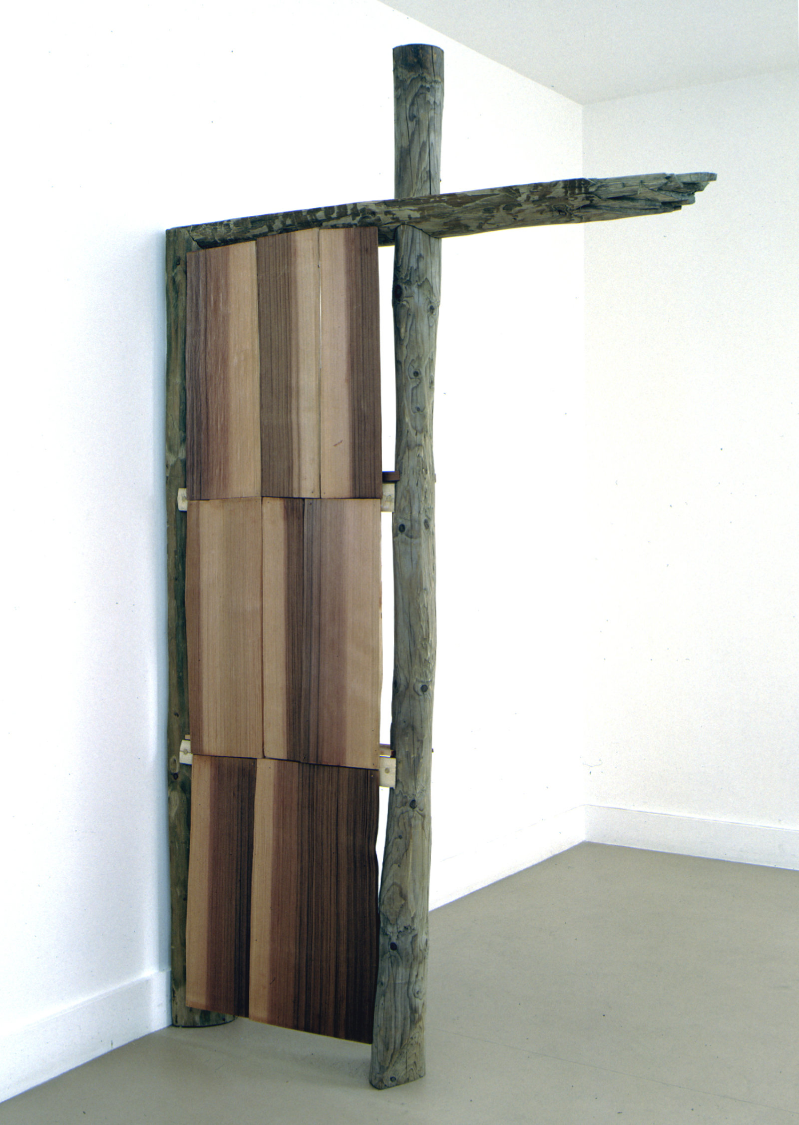 Christina Mackie, Where, 1998, larch, cedar, frames, pinhole camera, flat monitor, copper, mirror, 91 x 54 x 8 in. (230 x 138 x 20 cm)