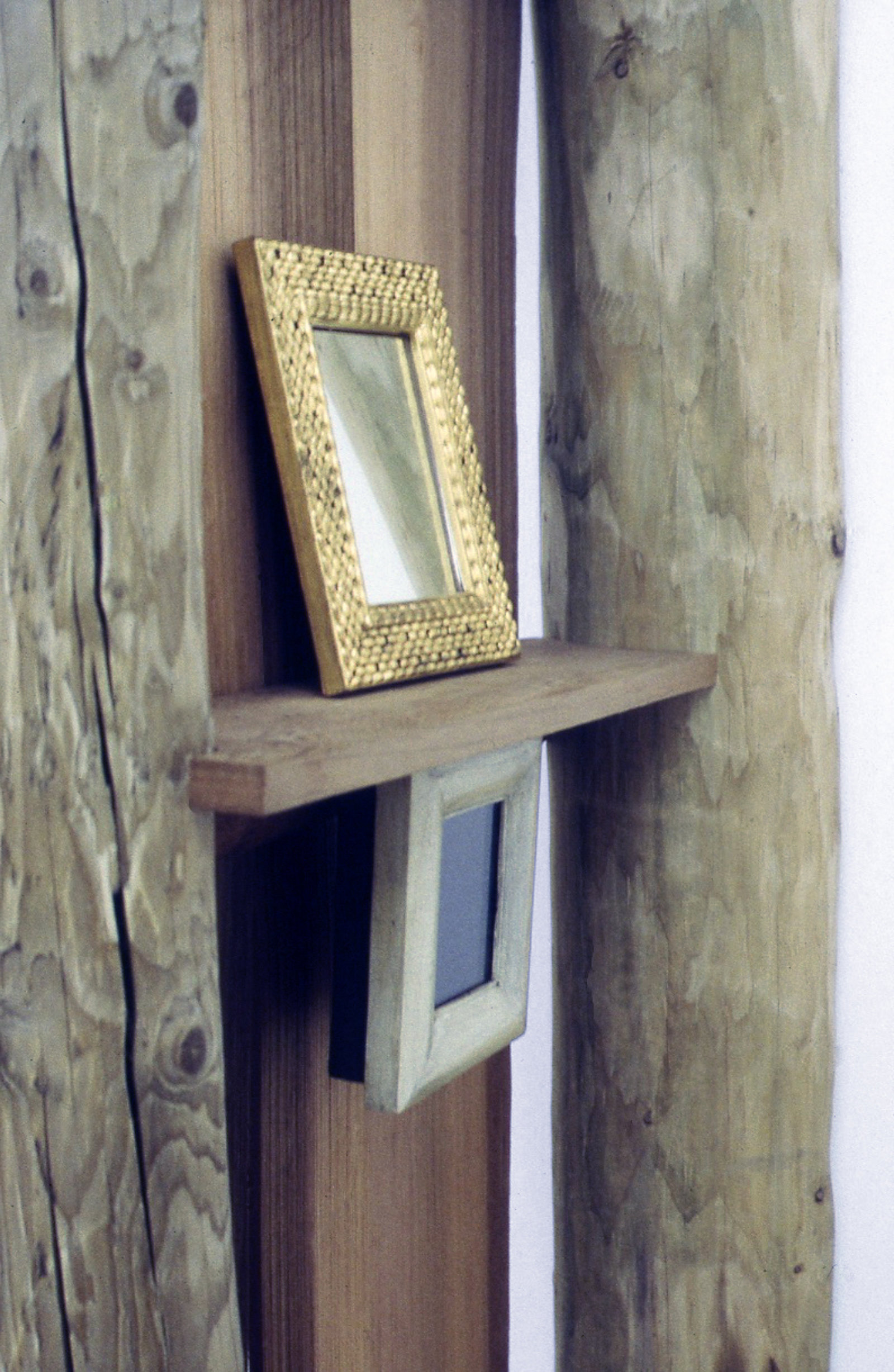 Christina Mackie, Where (detail), 1998, larch, cedar, frames, pinhole camera, flat monitor, copper, mirror, 91 x 54 x 8 in. (230 x 138 x 20 cm)