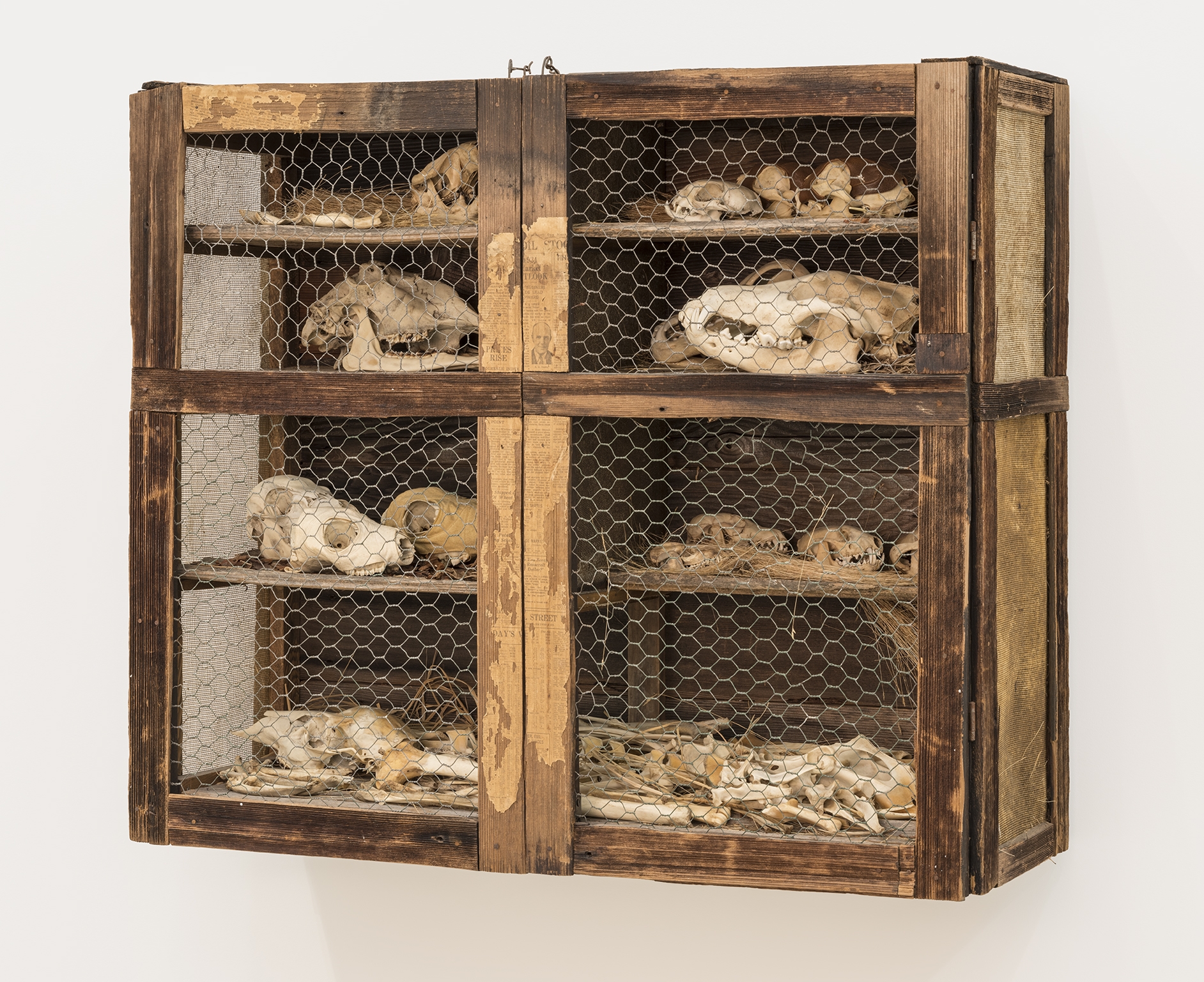Liz Magor, The Hutch, 1976, natural materials, wood, bones, 33 x 38 x 15 in. (84 x 97 x 38 cm)​​ by 