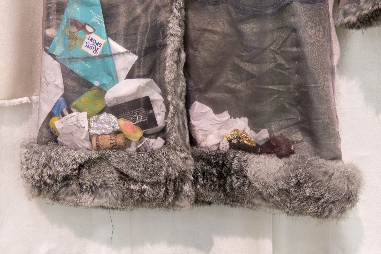Liz Magor, Study for a Farce (detail), 2012, textile, fur, found objects, 60 x 96 x 8 in. (152 x 244 x 20 cm) by Liz Magor
