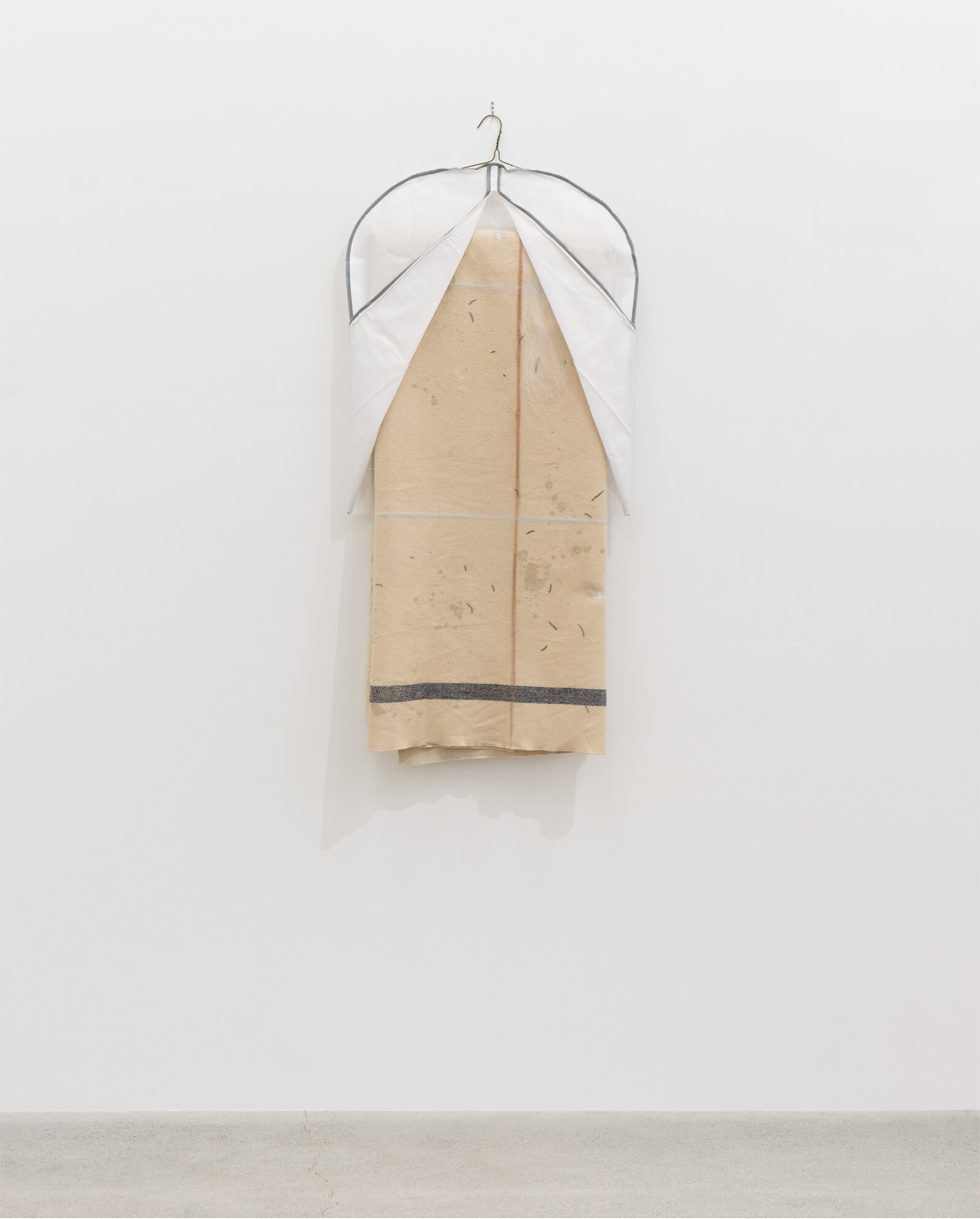 Liz Magor, 12 Blue Lines, 2017–2025, wool blanket, polypropylene cover, marks made with chalk, thread, pencil, paint, wire hanger, synthetic hair, 52 x 22 x 5 in. (132 x 56 x 13 cm)