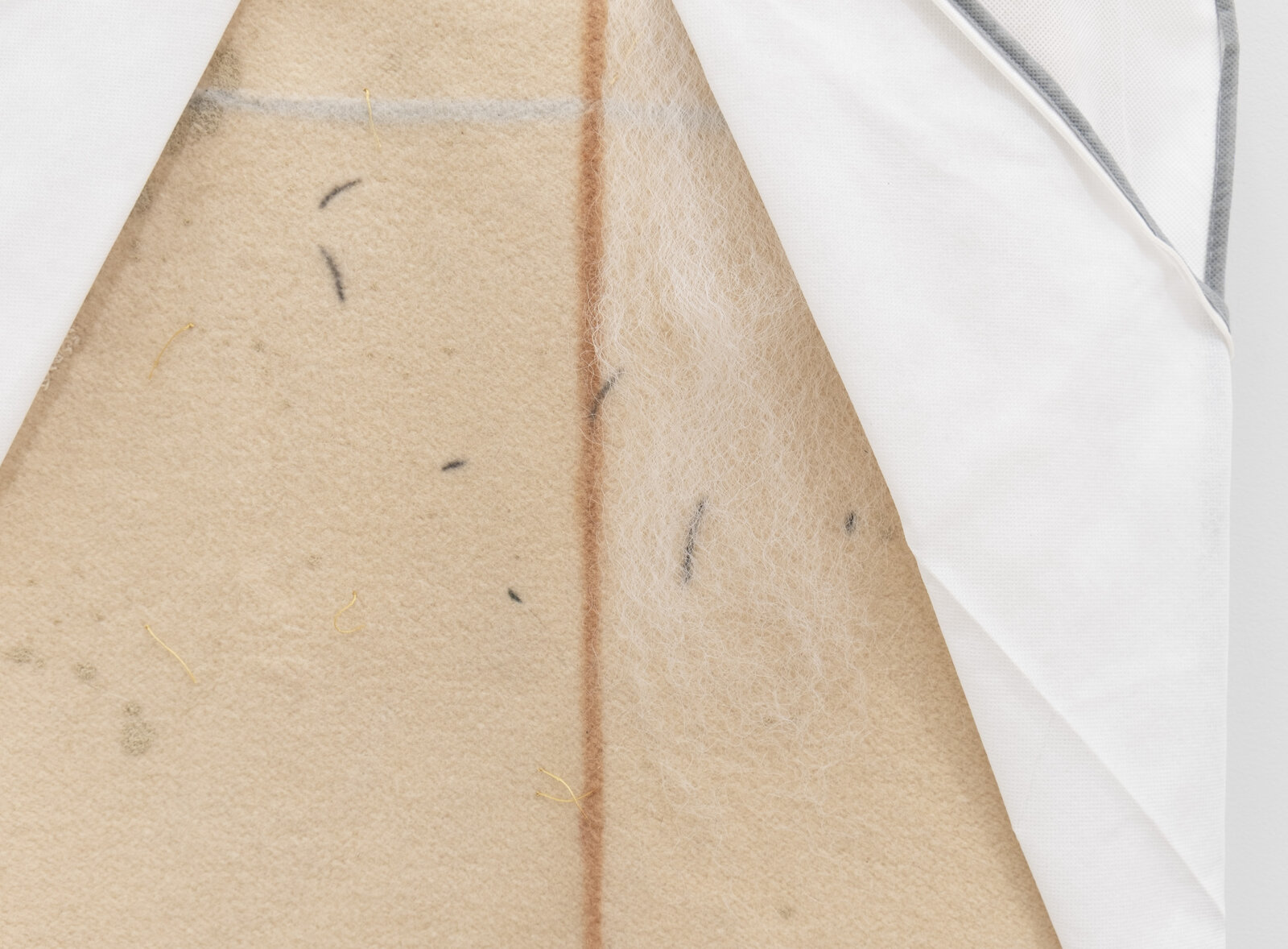 Liz Magor, 12 Blue Lines (detail), 2017–2025, wool blanket, polypropylene cover, marks made with chalk, thread, pencil, paint, wire hanger, synthetic hair, 52 x 22 x 5 in. (132 x 56 x 13 cm)