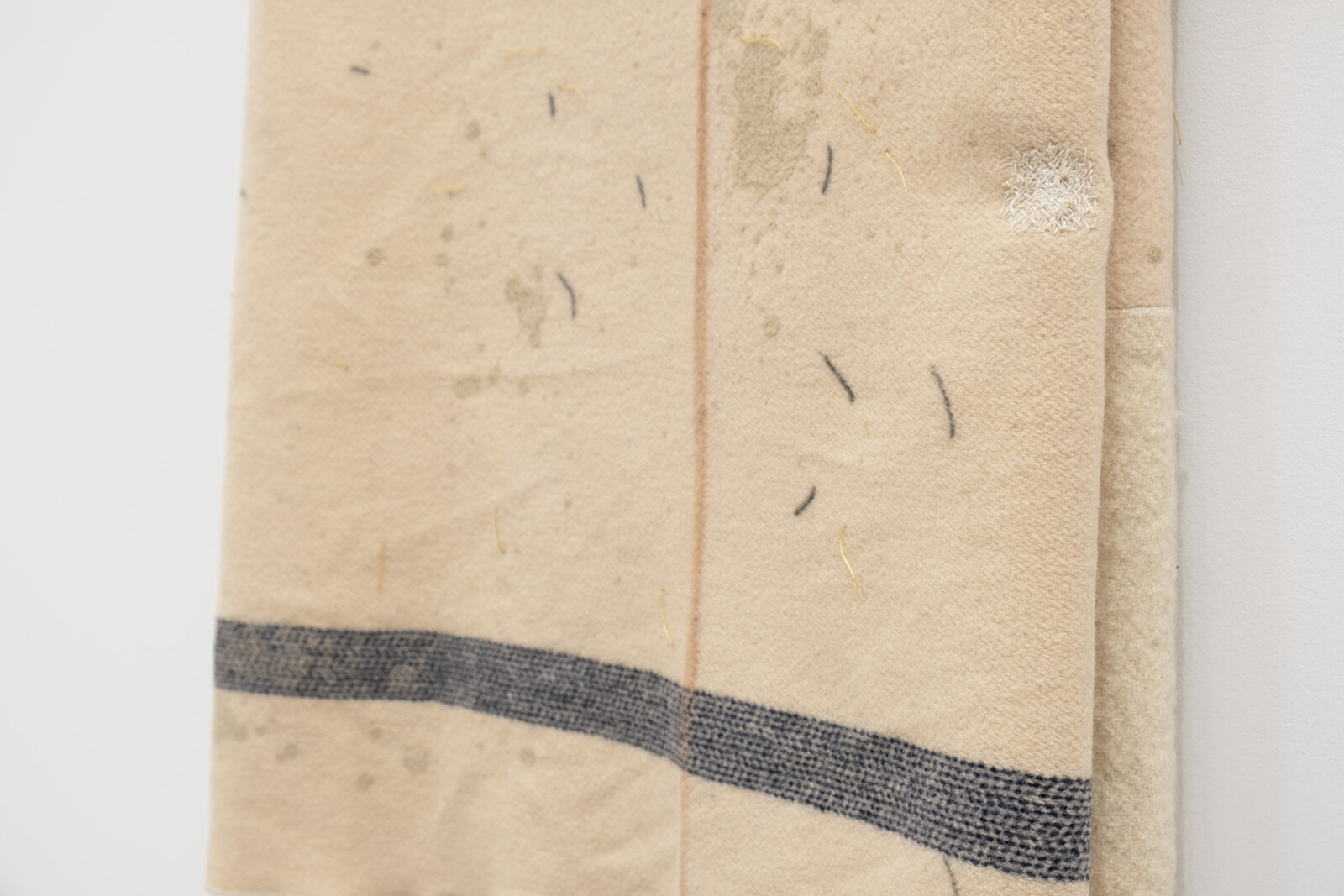Liz Magor, 12 Blue Lines (detail), 2017–2025, wool blanket, polypropylene cover, marks made with chalk, thread, pencil, paint, wire hanger, synthetic hair, 52 x 22 x 5 in. (132 x 56 x 13 cm)
