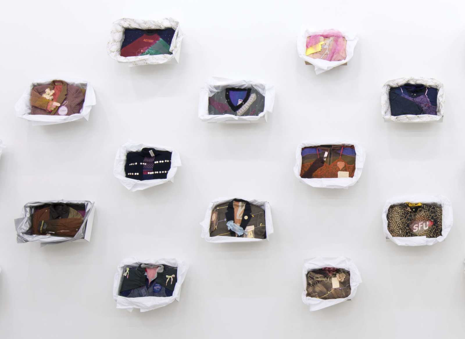 Liz Magor, Being This (detail), 2012, 36 boxes, paper, textiles, found materials, each box approximately 12 x 19 x 3 in. (31 x 48 x 6 cm), installation dimensions variable