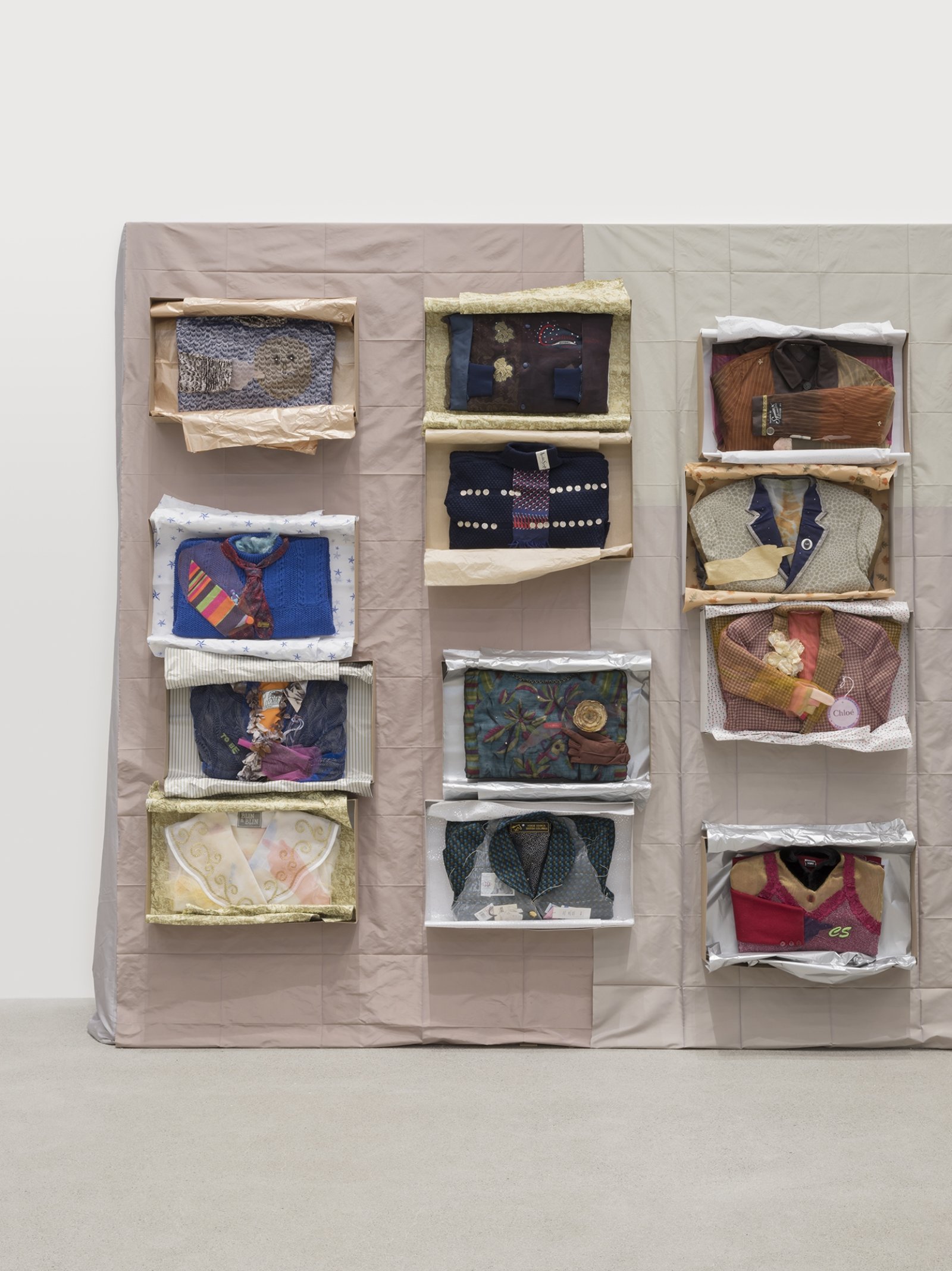 Liz Magor, Being This (detail), 2012–2019, paper, textiles, found materials, 96 x 432 x 22 in. (244 x 1097 x 56 cm)