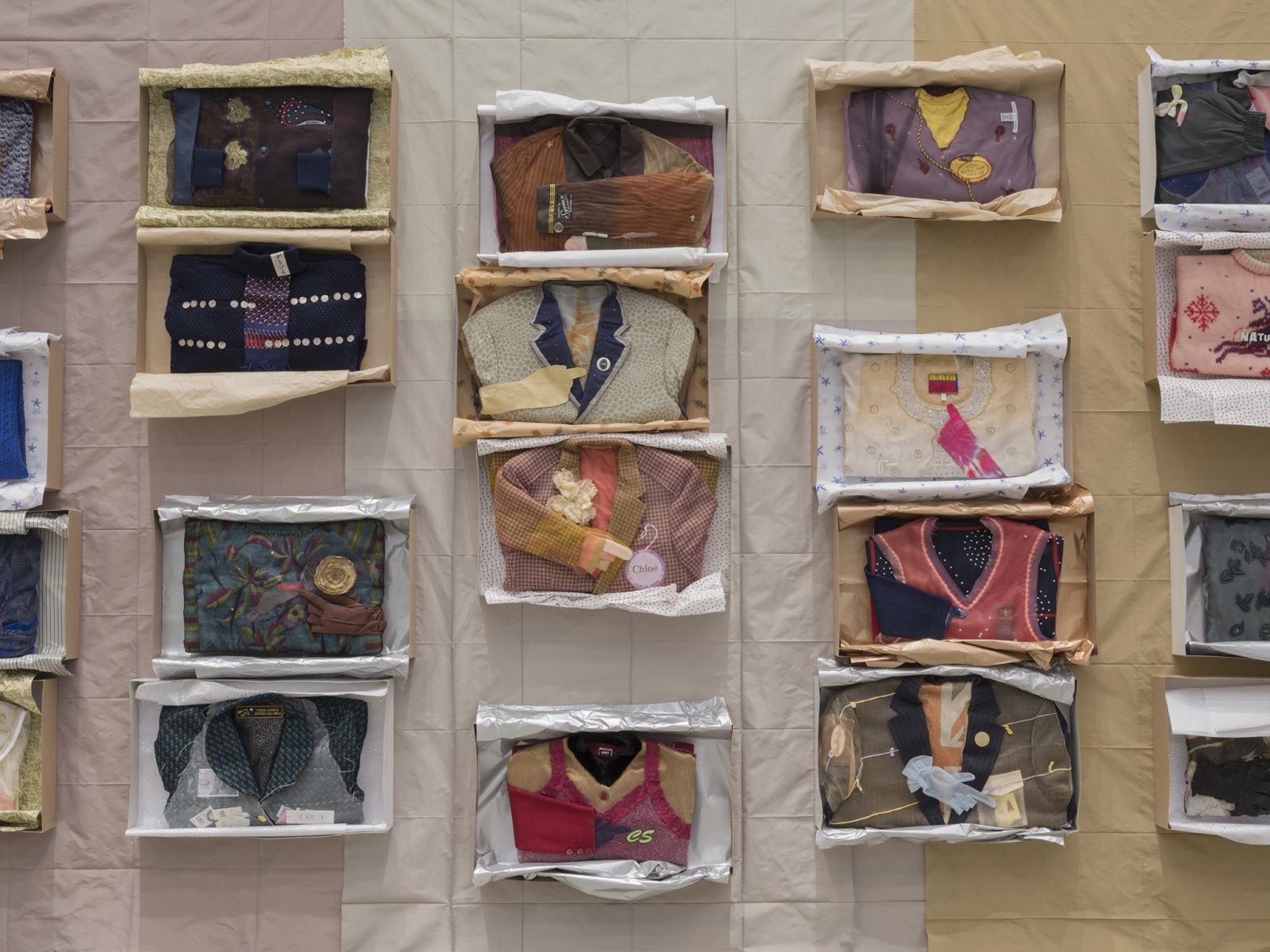Liz Magor, Being This (detail), 2012–2019, paper, textiles, found materials, 96 x 432 x 22 in. (244 x 1097 x 56 cm)