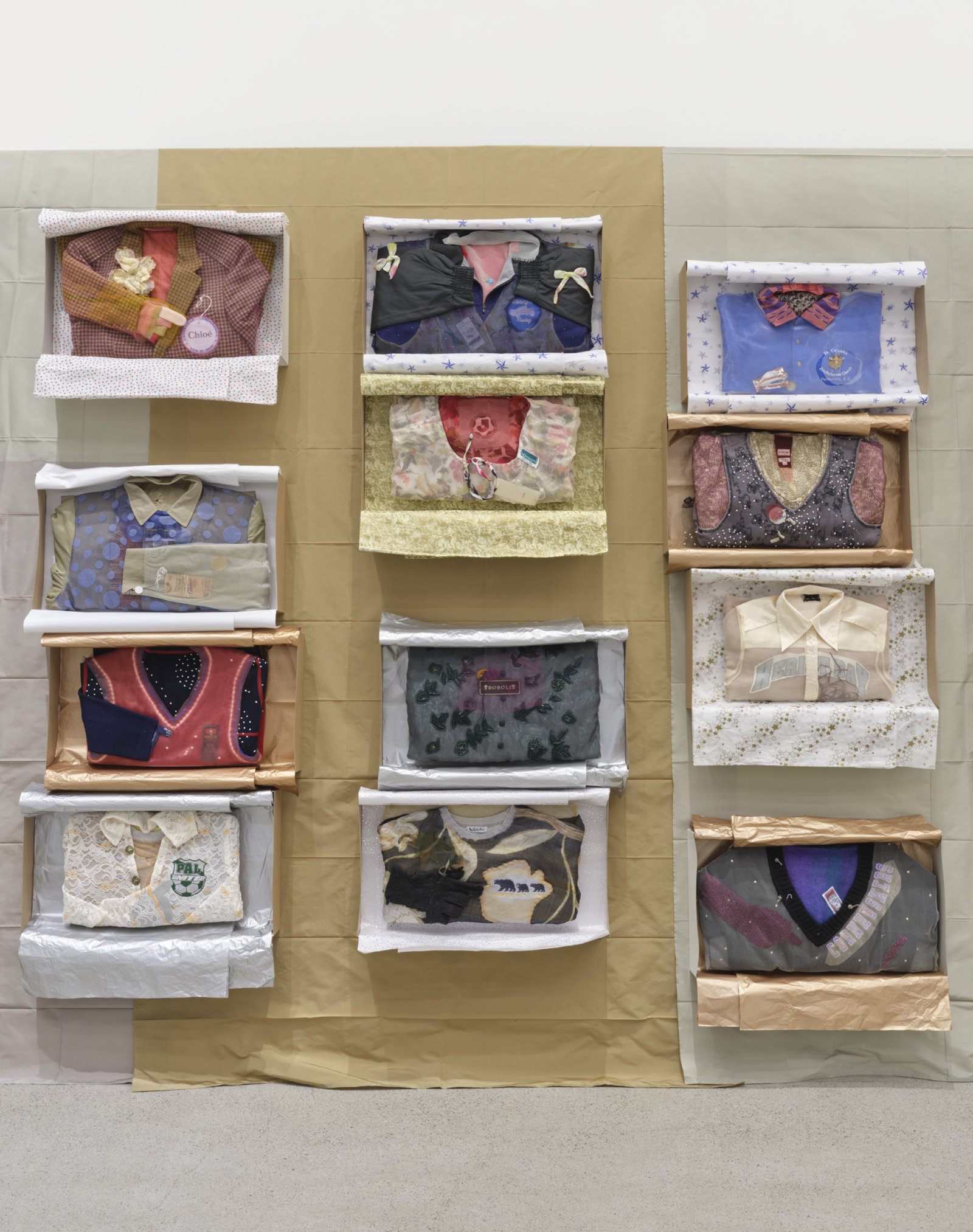 Liz Magor, Being This (detail), 2012/2022, paper, textiles, found materials, 96 x 432 x 22 in. (244 x 1097 x 56 cm)