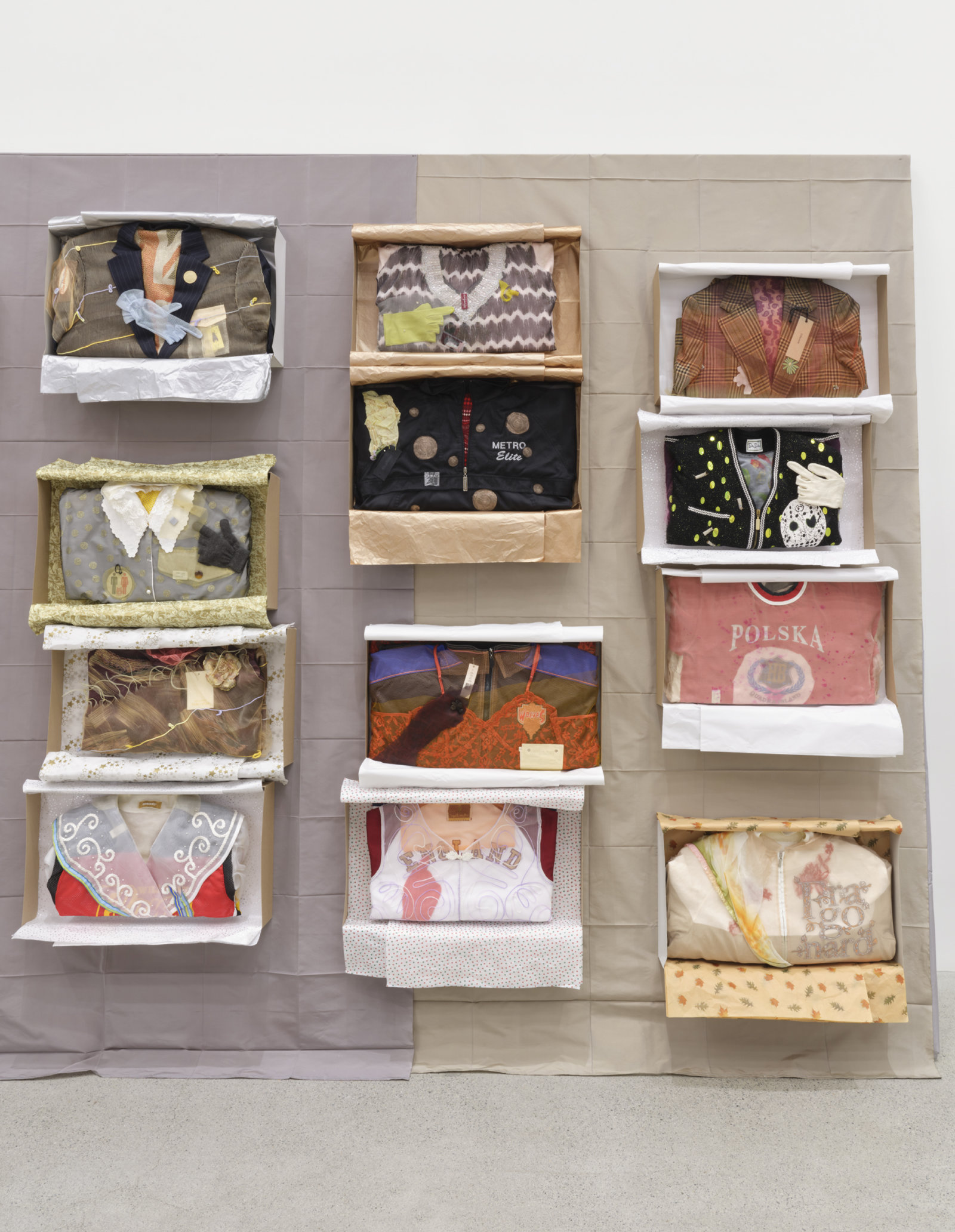 Liz Magor, Being This (detail), 2012/2022, paper, textiles, found materials, 96 x 432 x 22 in. (244 x 1097 x 56 cm)
