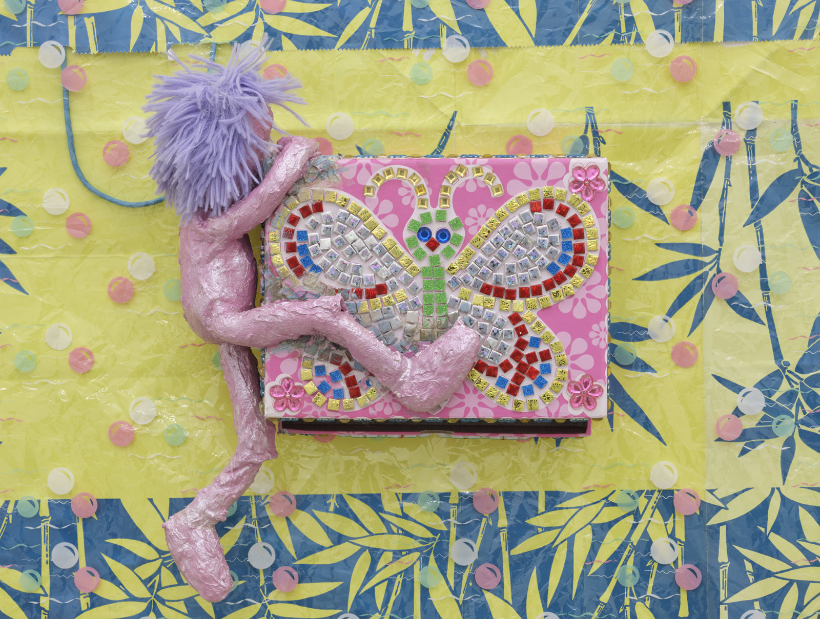 Liz Magor, Butterfly Box (detail), 2020, painted doll, jewellery box, packaging materials, 47 x 45 x 5 in. (119 x 114 x 13 cm)