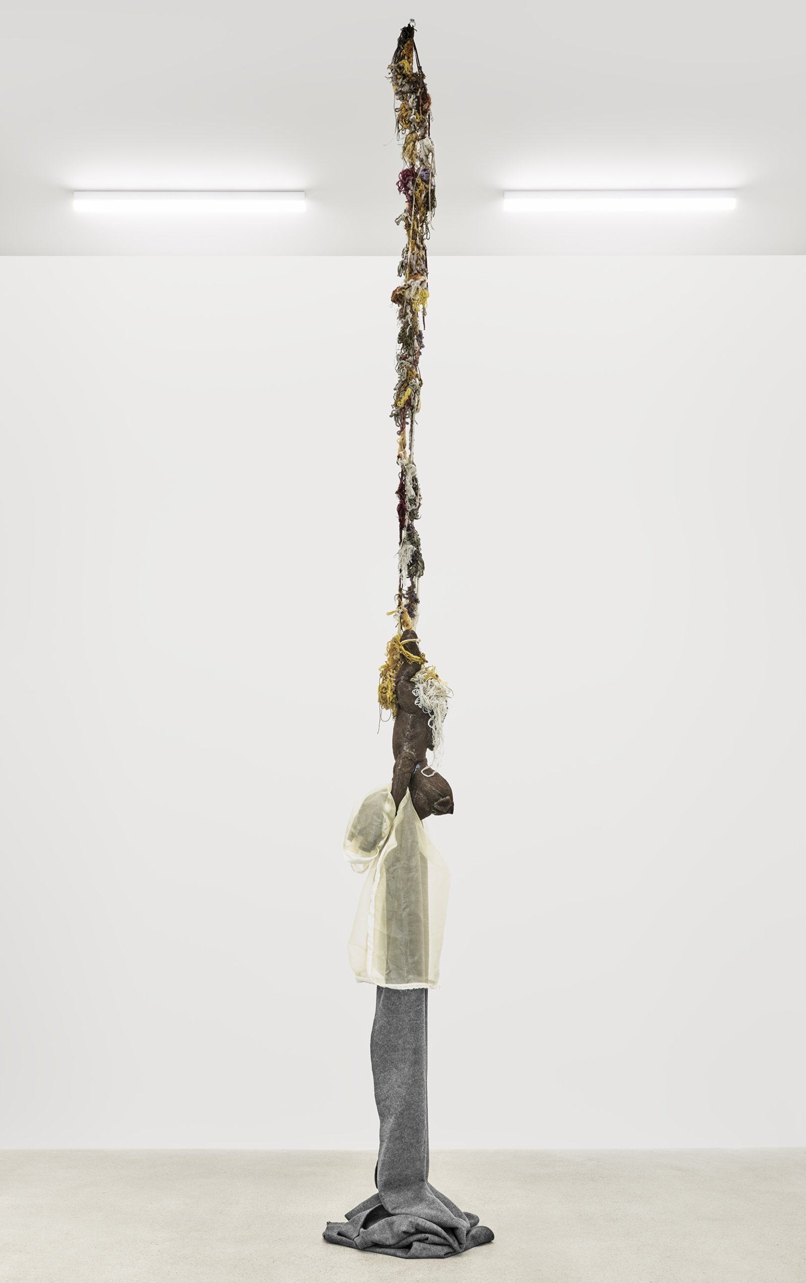 Liz Magor, Delivery (brown), 2018, silicone rubber, textiles, twine, 144 x 25 x 21 in. (366 x 62 x 52 cm)