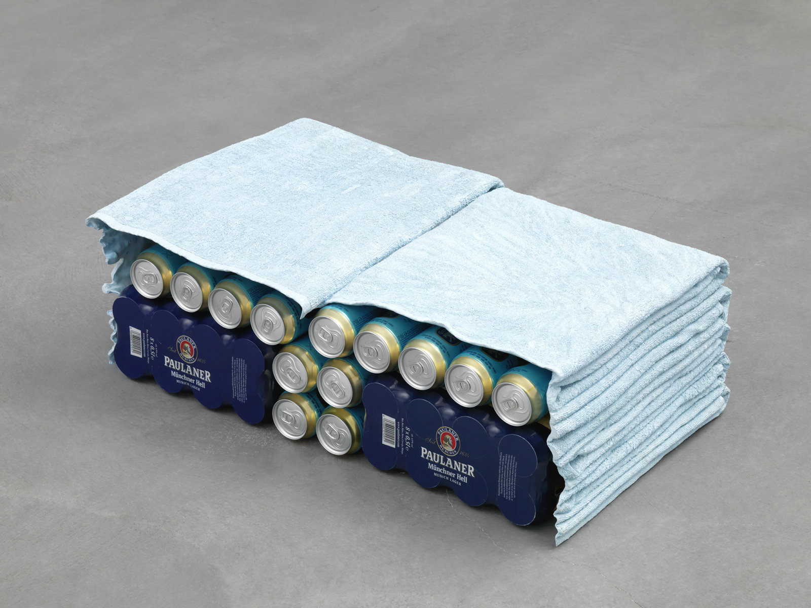 Liz Magor, Double Cabinet (blue), 2001, polymerized gypsum, cans of beer, 9 x 27 x 17 in. (24 x 69 x 43 cm)