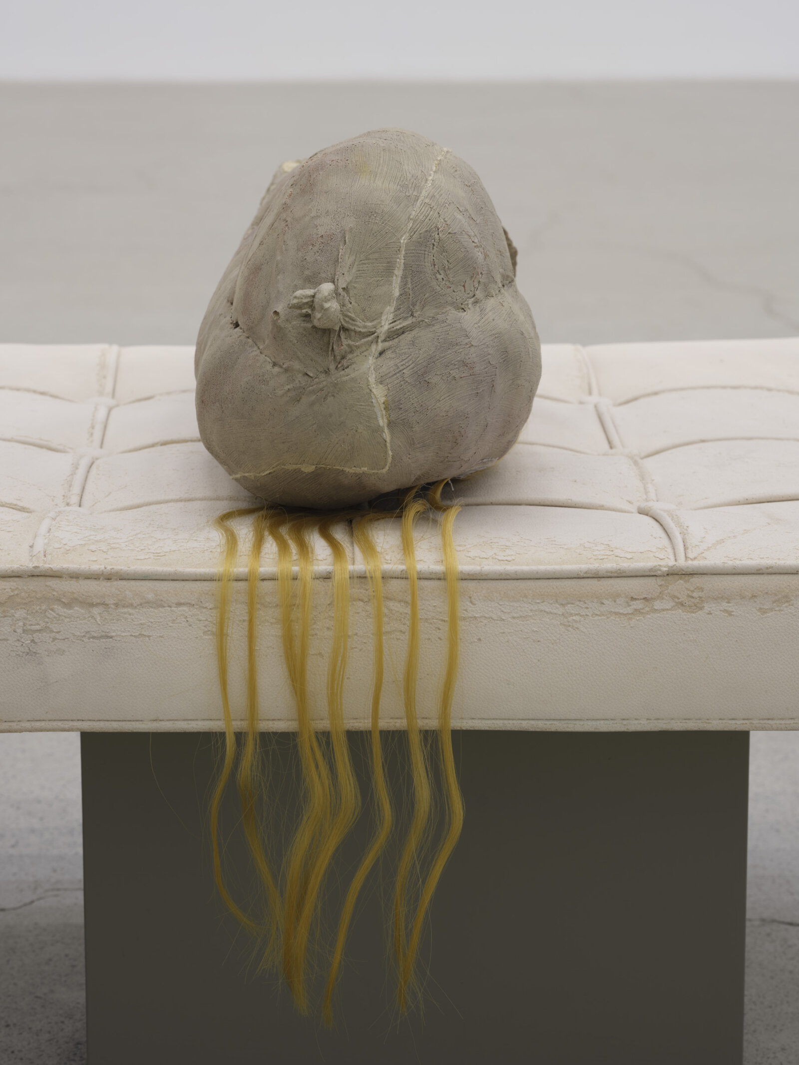 Liz Magor, Extension (detail), 2025, polymerized gypsum, synthetic hair, wood, 20 x 70 x 23 in. (51 x 178 x 58 cm)