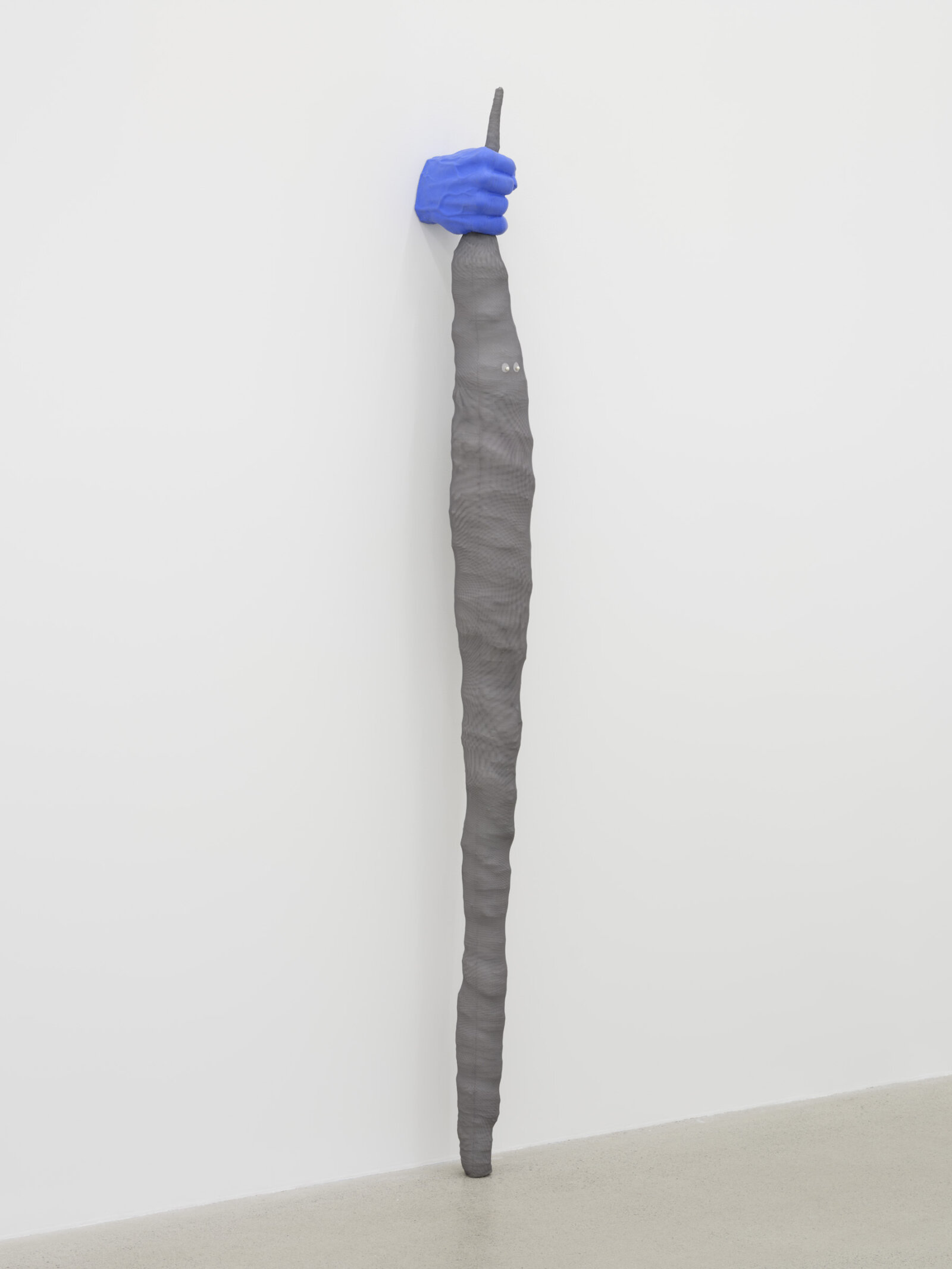 Liz Magor, Fist (blue), 2025, silicon rubber, polyester mesh, push pins, 84 x 9 x 6 in. (213 x 22 x 15 cm)