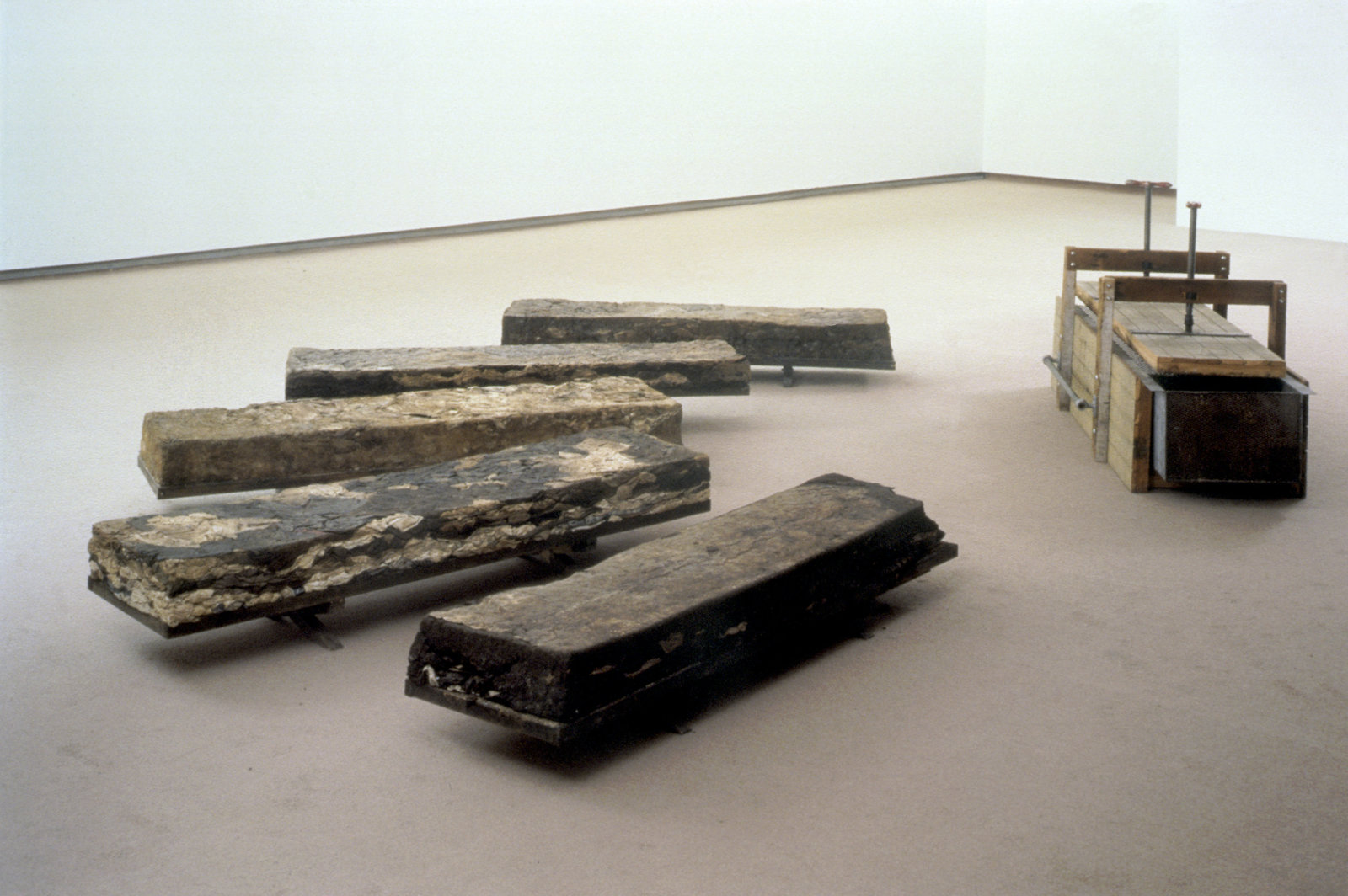 Liz Magor, Four Boys and a Girl, 1979, fabric, grass, steel, wood, dimensions variable