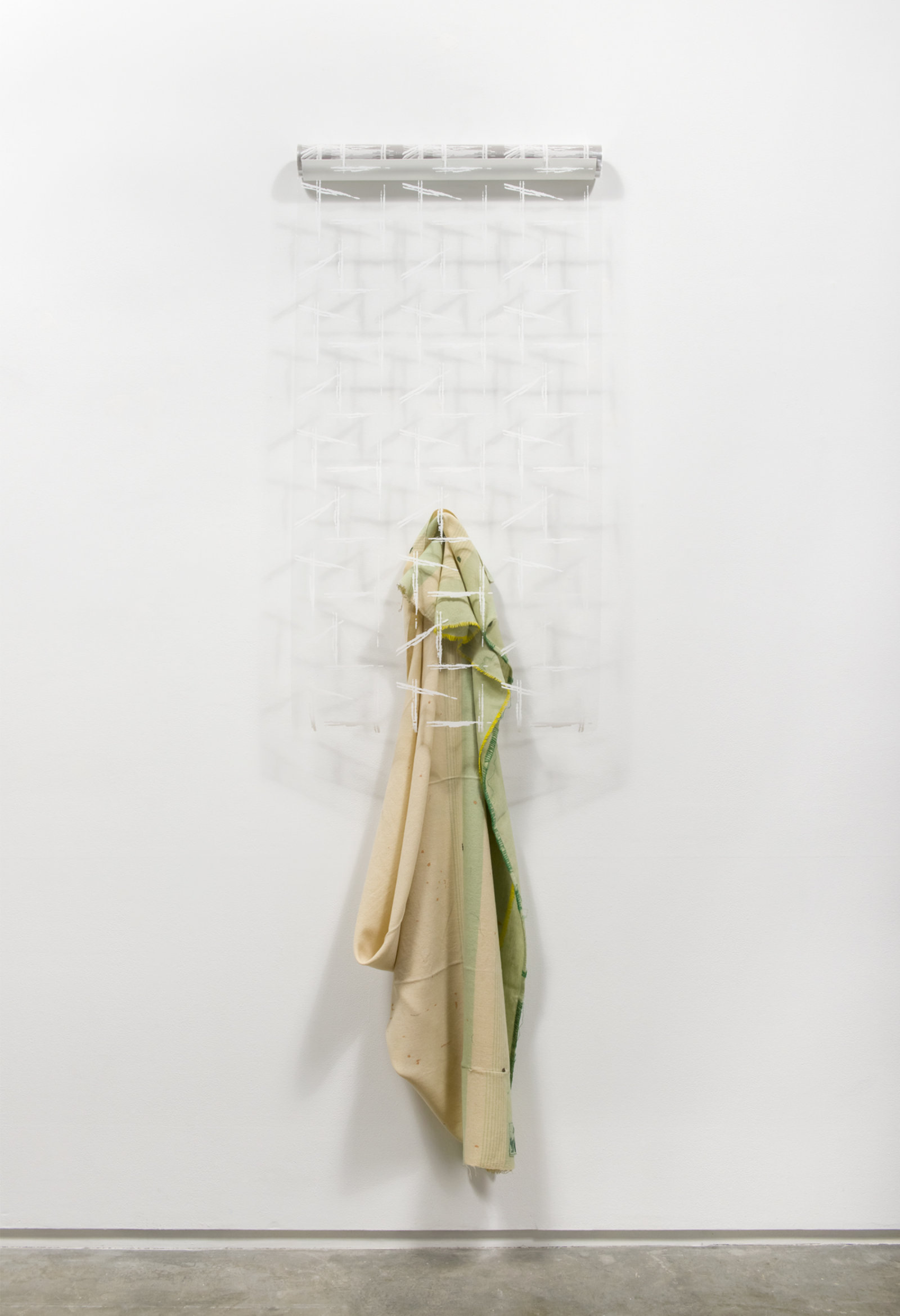 Liz Magor, Freestyle (Green Stripes), 2017, wool, cellophane, steel, 100 x 30 x 10 in. (254 x 76 x 27 cm)