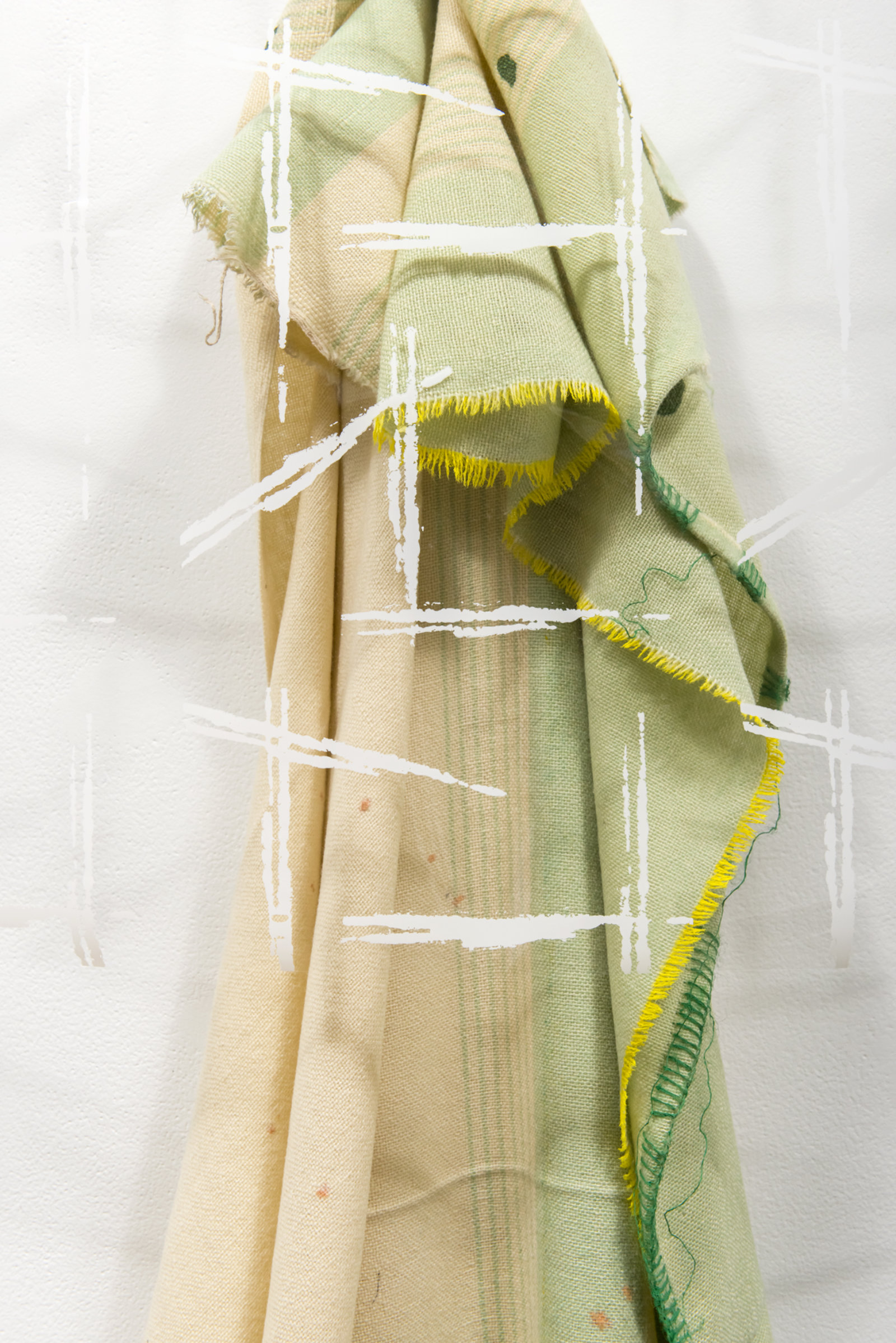 Liz Magor, Freestyle (Green Stripes) (detail), 2017, wool, cellophane, steel, 100 x 30 x 10 in. (254 x 76 x 27 cm)