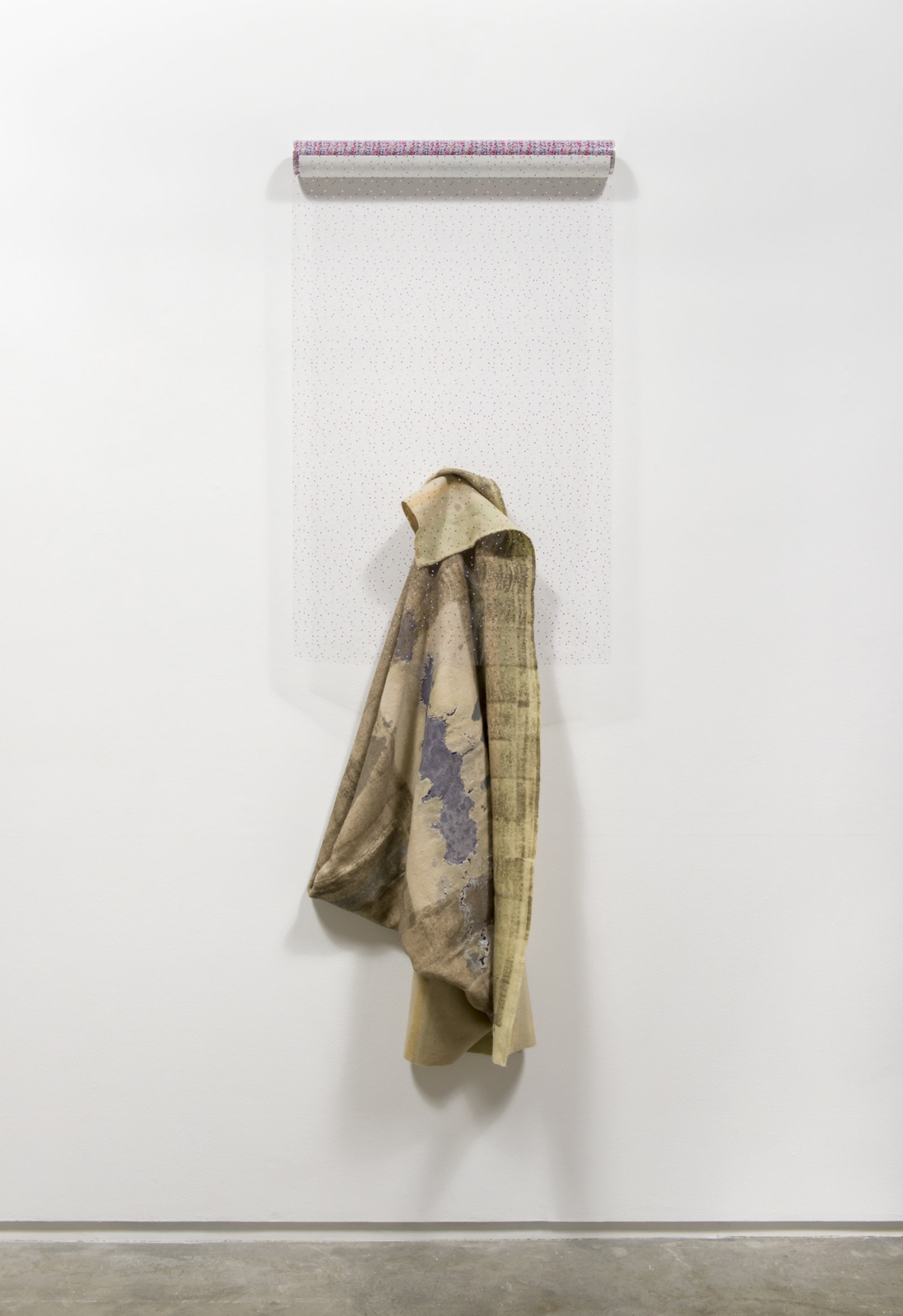Liz Magor, Freestyle (Waxy), 2017, wool, cellophane, steel, 82 x 30 x 12 in. (217 x 76 x 29 cm)