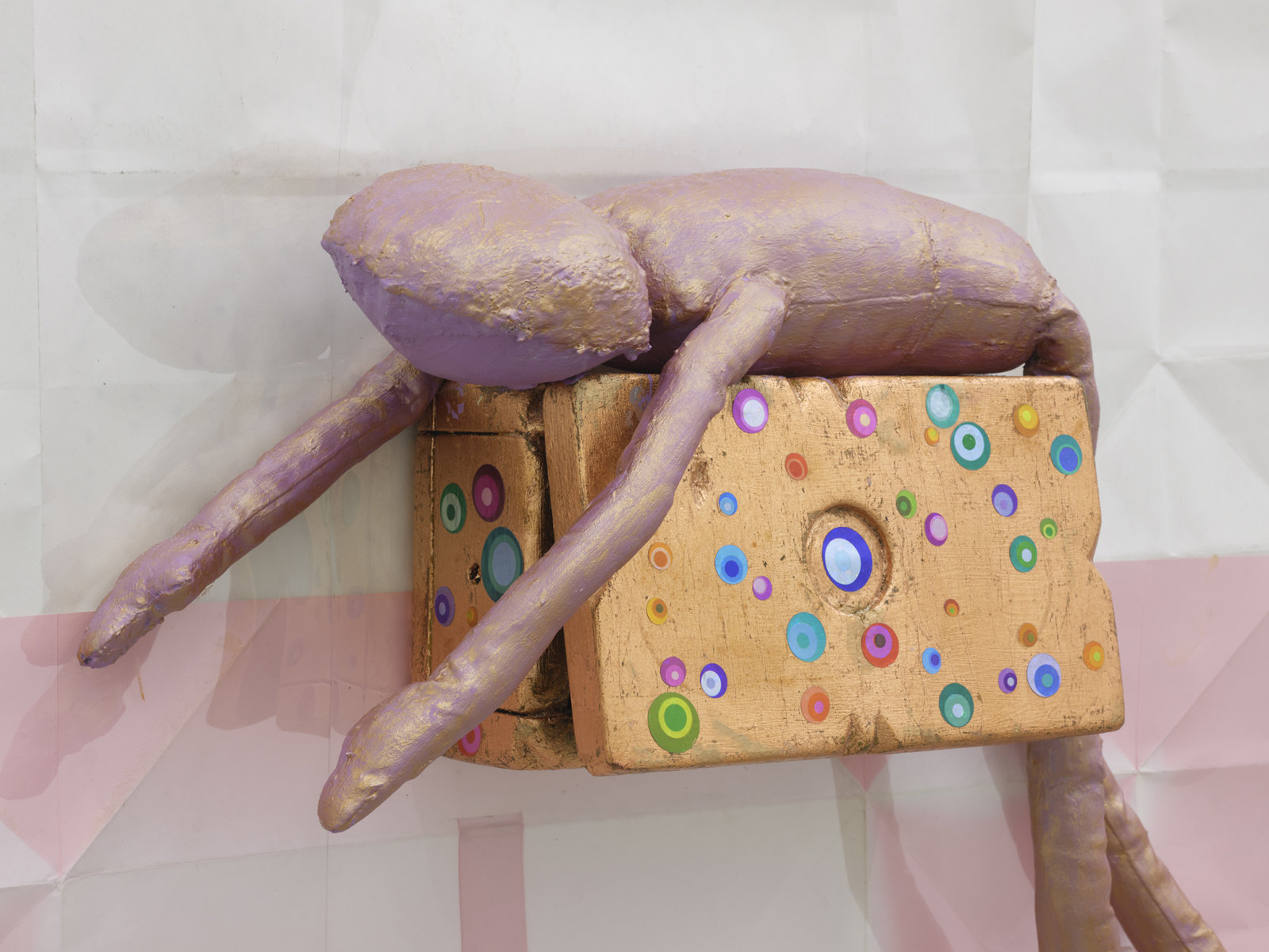 Liz Magor, Gold Box (detail), 2020, painted doll, jewellery box, packaging materials, 42 x 48 x 5 in. (107 x 122 x 13 cm)