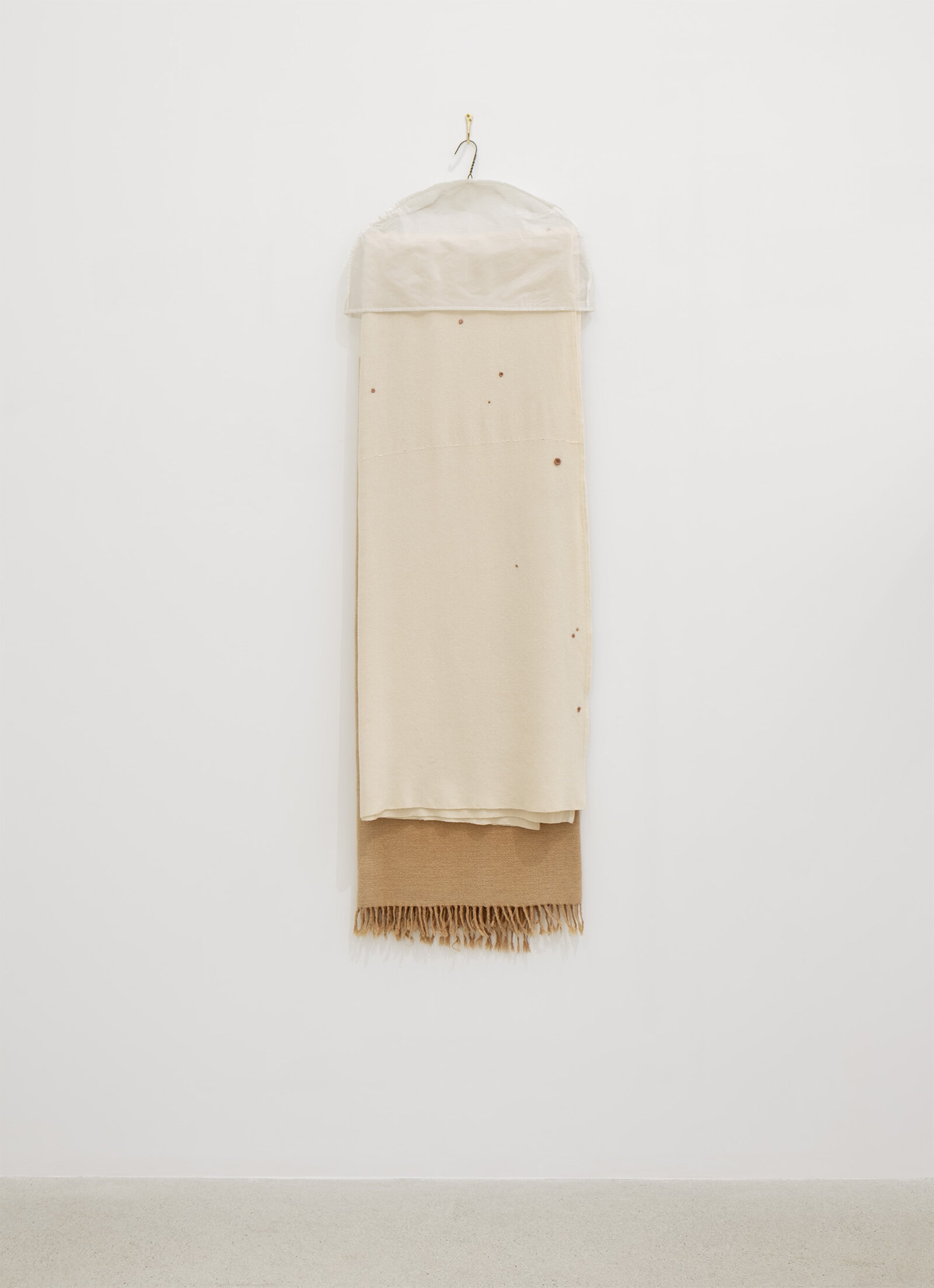 Liz Magor, Moth-proofed, 2011, wool, hair, metal, plastic, polymerized gypsum, thread, 66 x 22 x 6 in. (168 x 56 x 7 cm)