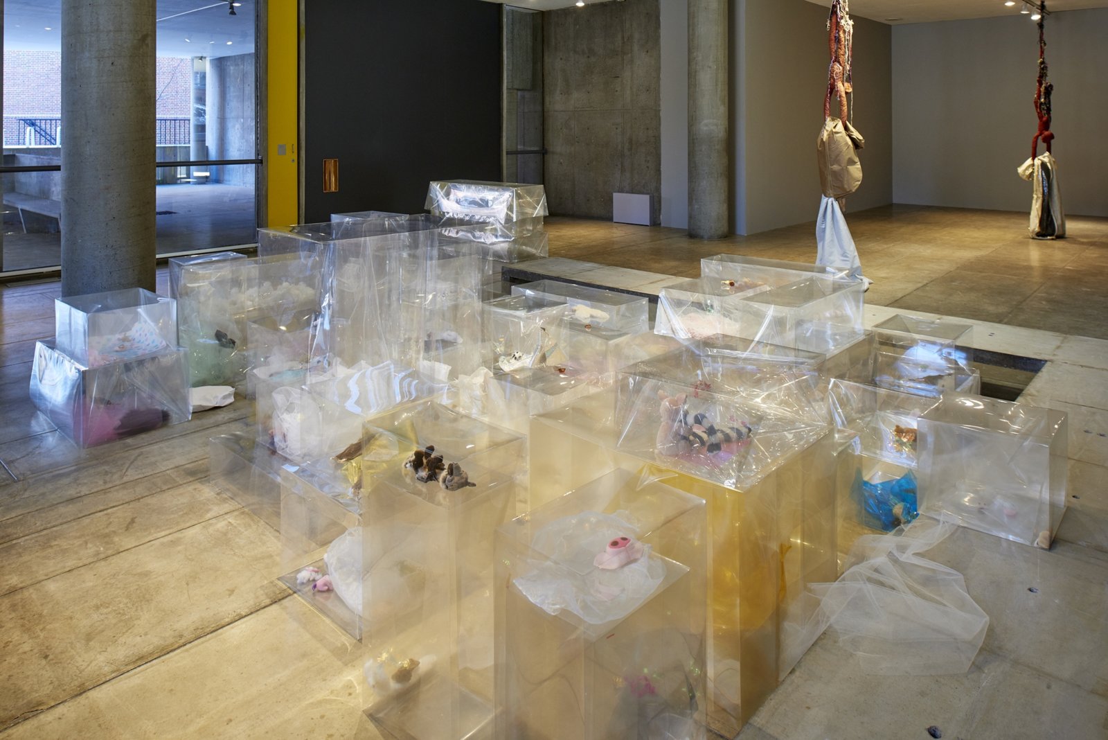 Liz Magor, Pet Co., 2018, polyester film, textiles, paper, stuffed toys, rat skins, mixed media, 44 x 204 x 156 in. (112 x 518 x 396 cm). Installation view, BLOWOUT, Carpenter Center for Visual Arts, Cambridge, USA, 2019