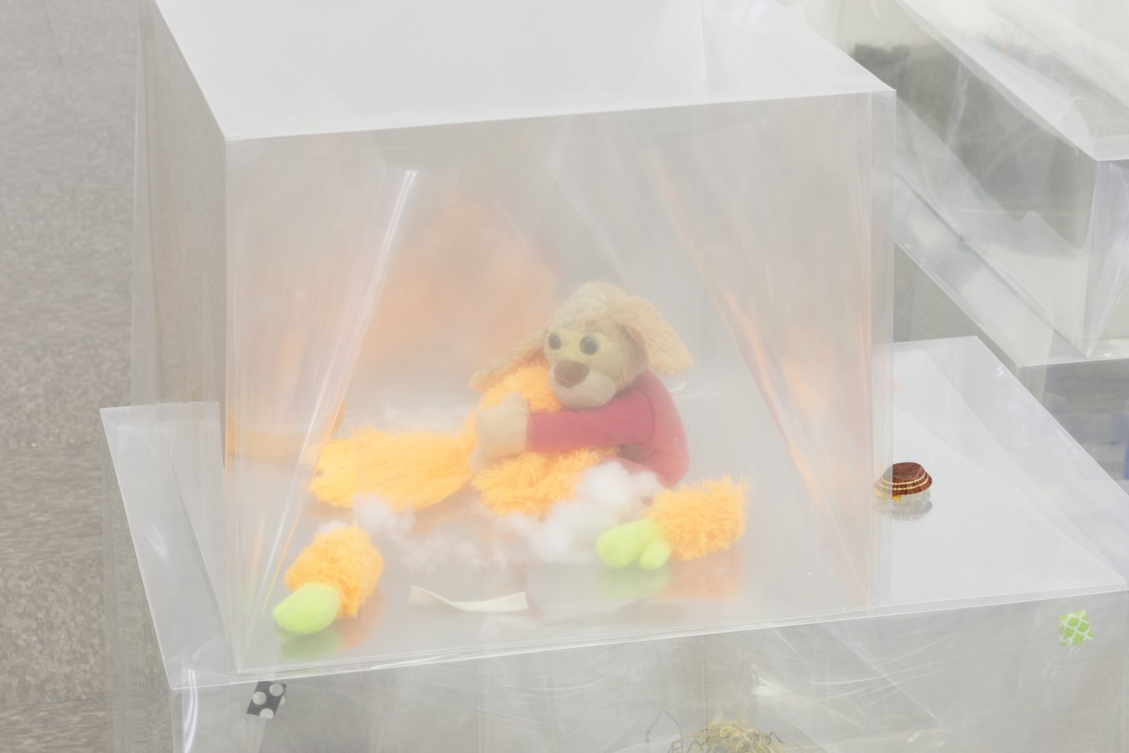 Liz Magor, Pet Co. (detail), 2018, polyester film, textiles, paper, stuffed toys, rat skins, mixed media, 44 x 204 x 156 in. (112 x 518 x 396 cm). Installation view, BLOWOUT, The Renaissance Society, Chicago, USA, 2019