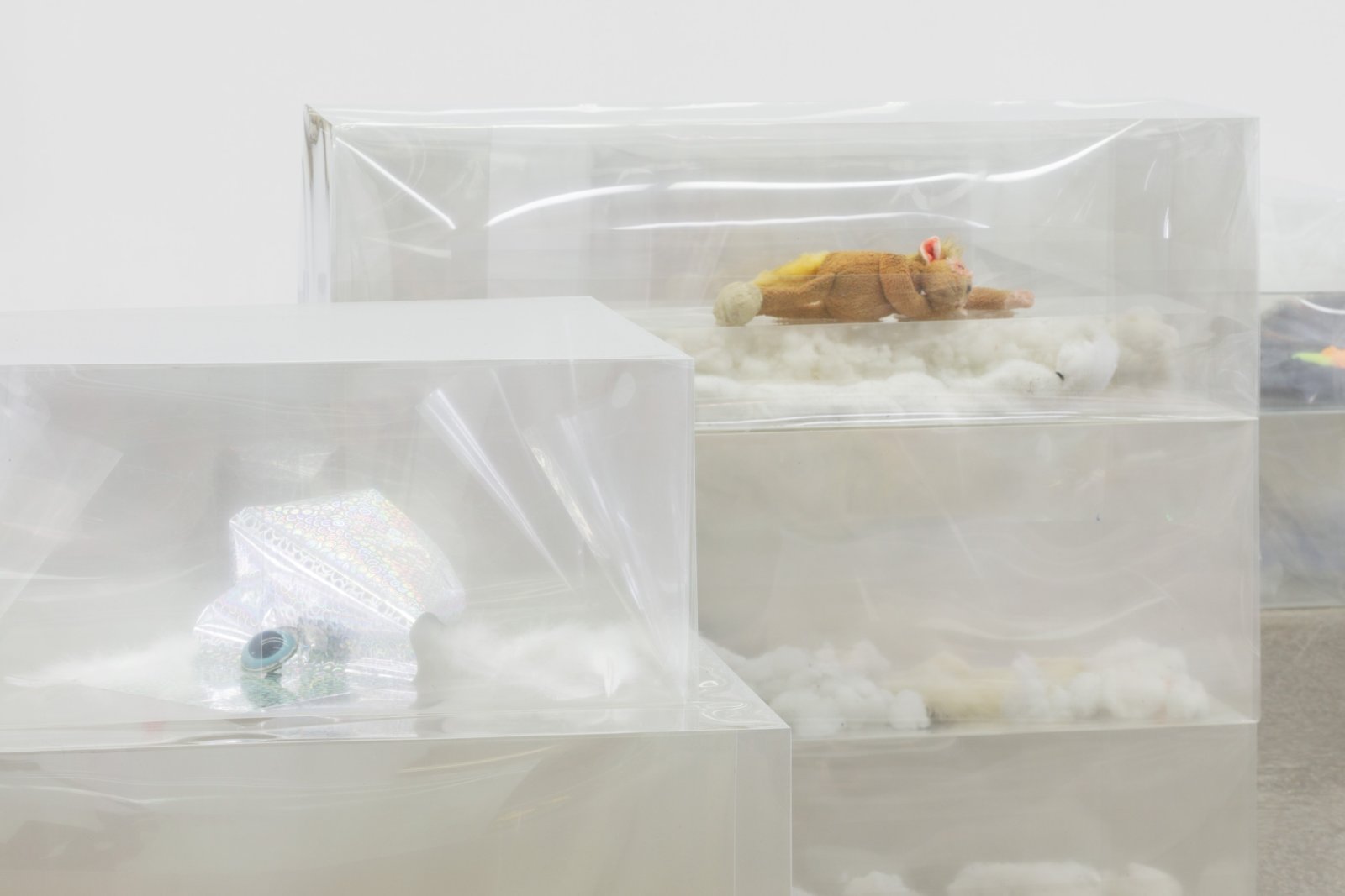 Liz Magor, Pet Co. (detail), 2018, polyester film, textiles, paper, stuffed toys, rat skins, mixed media, 44 x 204 x 156 in. (112 x 518 x 396 cm). Installation view, BLOWOUT, The Renaissance Society, Chicago, USA, 2019