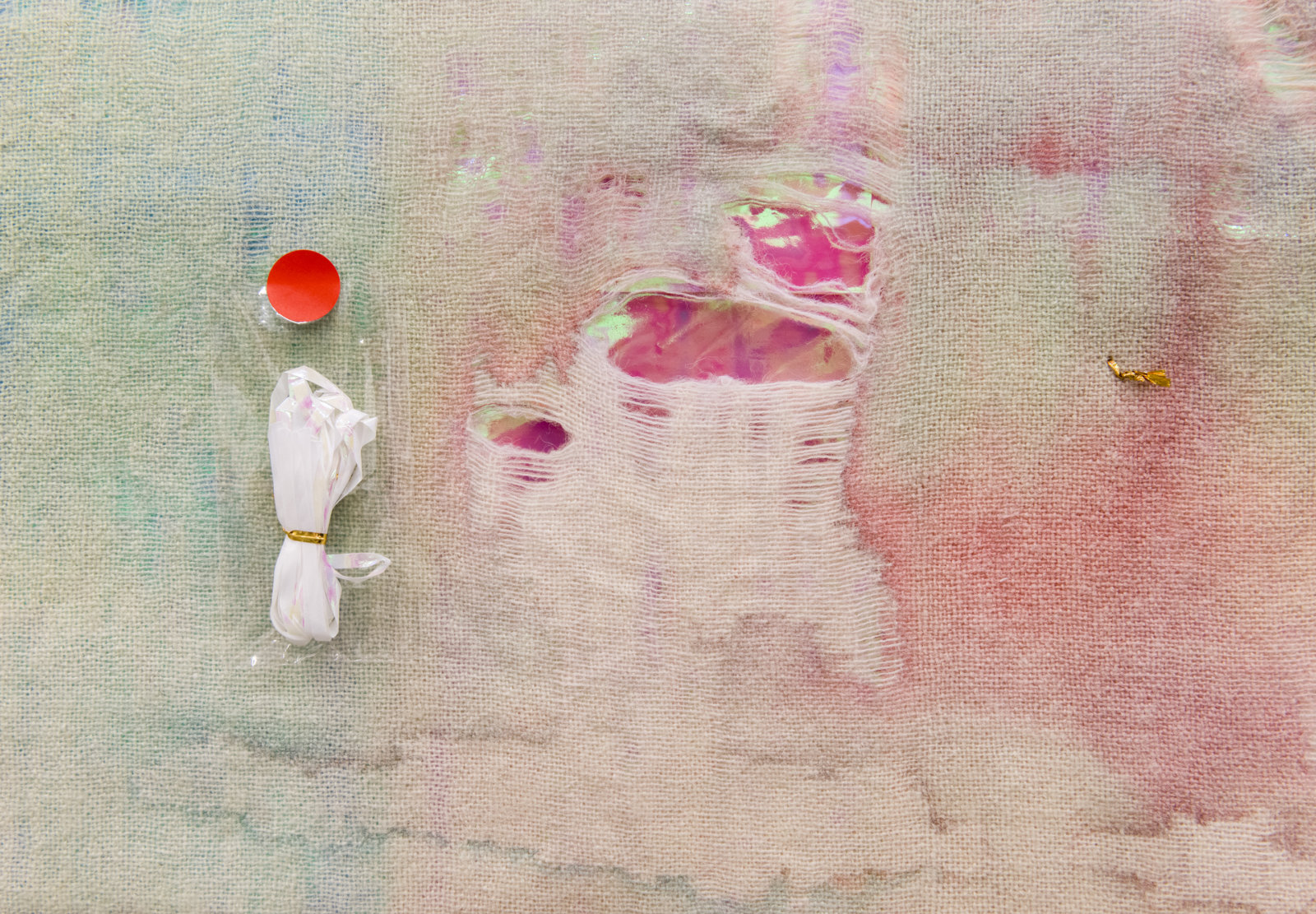 Liz Magor, Red Dot (detail), 2015, wool, plastic, 21 x 35 x 2 in. (54 x 88 x 4 cm)