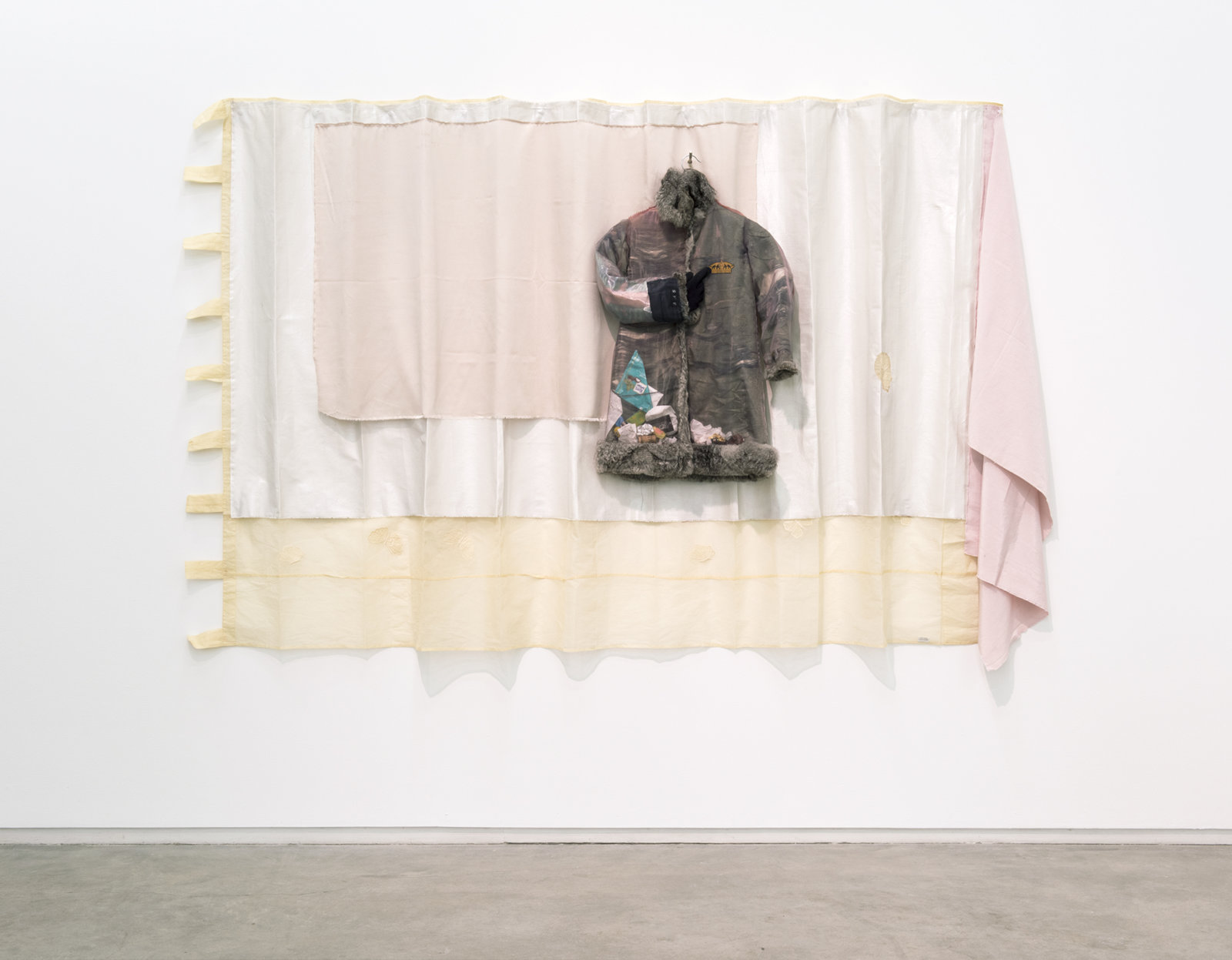 Liz Magor, Study for a Farce, 2012, textile, fur, found objects, 60 x 96 x 8 in. (152 x 244 x 20 cm)