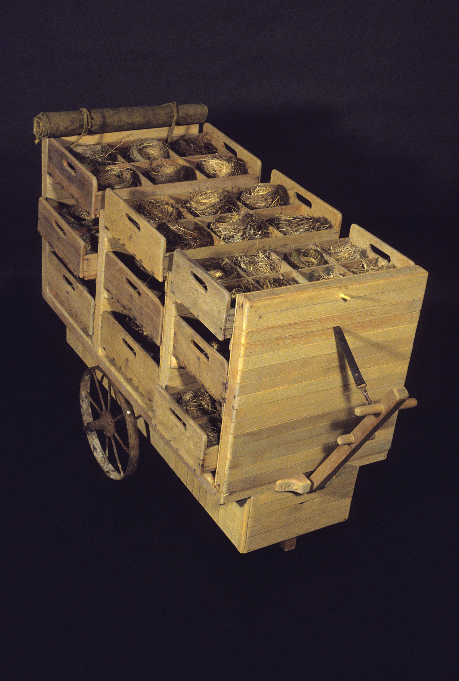 Liz Magor, Birdnester, 1977, wagon and birds' nests, 47 x 29 x 68 in. (120 x 74 x 173 cm)