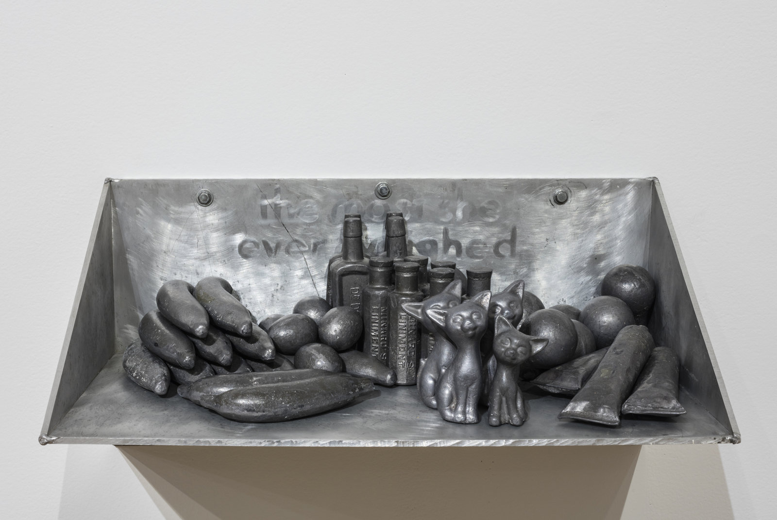 Liz Magor, The Most She Weighed / The Least She Weighed, 1982, lead, aluminum, 15 x 30 x 15 in. (38 x 77 x 38 cm), 12 x 24 x 12 in. (31 x 62 x 31 cm)