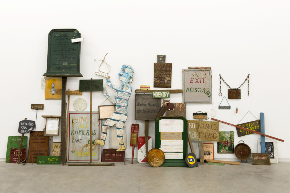 Gareth Moore, From a place, near the buried canal, 2011–2012, wood, steel, rope, stone, paper, acrylic and enamel paint, felt marker, 93 x 166 x 17 in. (236 x 422 x 42 cm)  ​ by 