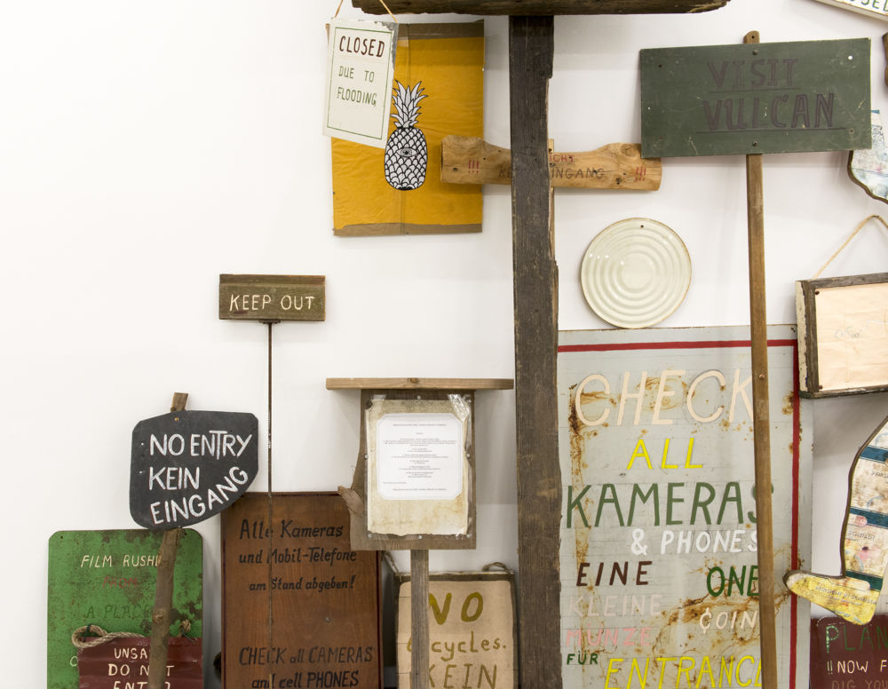 Gareth Moore, From a place, near the buried canal (detail), 2011–2012, wood, steel, rope, stone, paper, acrylic and enamel paint, felt marker, 93 x 166 x 17 in. (236 x 422 x 42 cm) by 