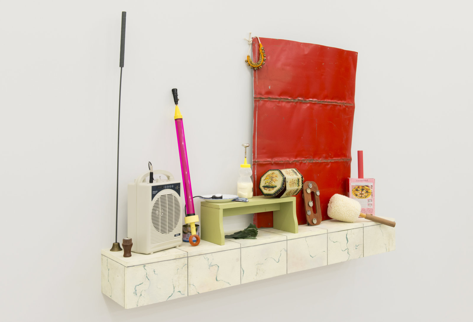 Ashes Withyman, Altar, River, Compass, Cetus, Musca, Furnas, Cup, 2017–2018, portable speaker, mallet, steel, currency, wood, honey pot with glue, animal calls, bells, plastic leaves, pallia rattle, contact microphone with stomach antacid, plate, bell, painted plywood, 39 x 55 x 12 in. (99 x 138 x 31 cm)