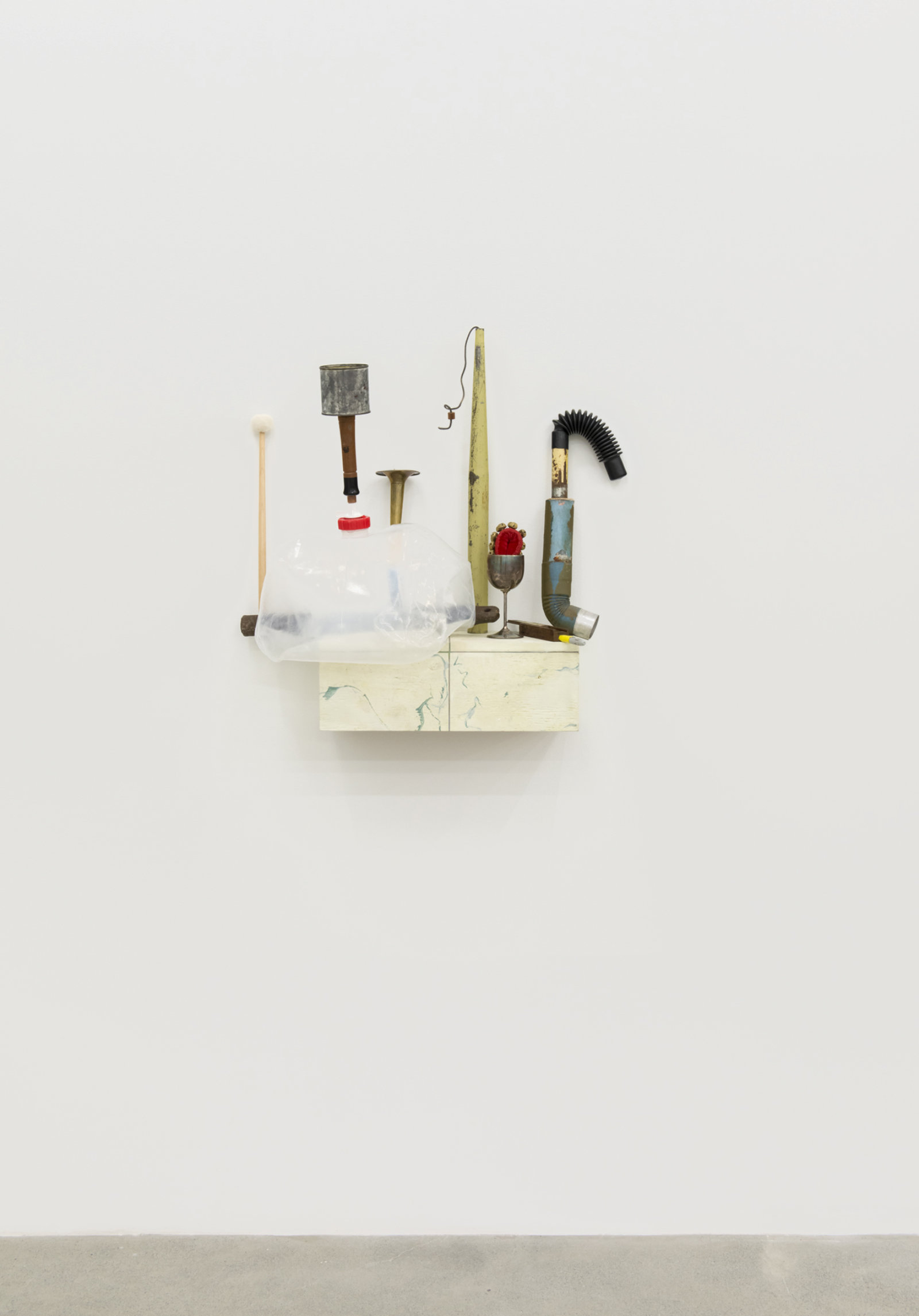 Ashes Withyman, Compass, Furnas, Altar, River, Cetus, Musca, Cup, 2017–2018, water jug, sash weight, mallet, bells, brass horn, hunting call parts, drainpipe, chair leg, silver cup, marker, electrical parts, painted plywood, 29 x 25 x 12 in. (72 x 64 x 31 cm)