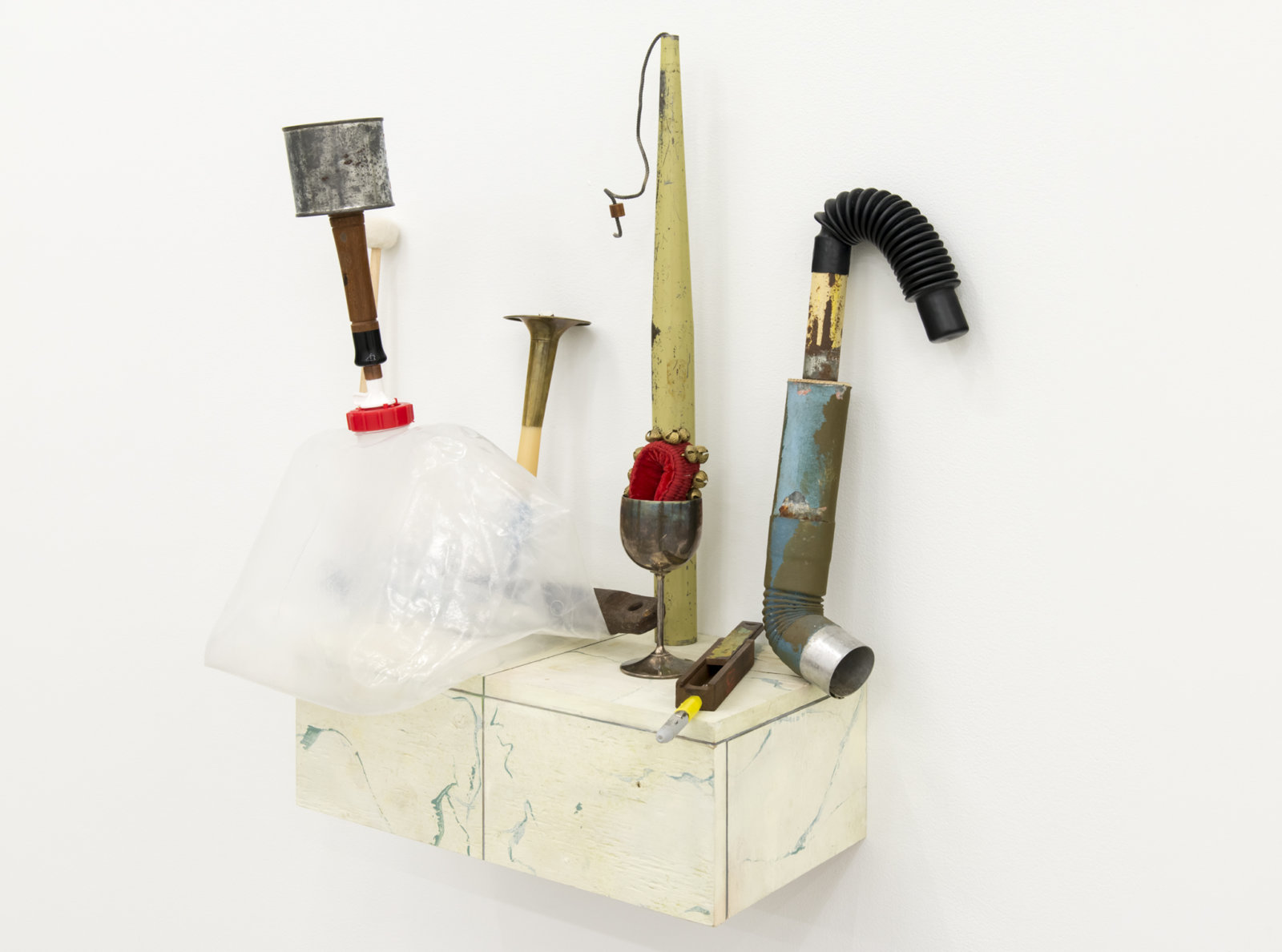 Ashes Withyman, Compass, Furnas, Altar, River, Cetus, Musca, Cup, 2017–2018, water jug, sash weight, mallet, bells, brass horn, hunting call parts, drainpipe, chair leg, silver cup, marker, electrical parts, painted plywood, 29 x 25 x 12 in. (72 x 64 x 31 cm)