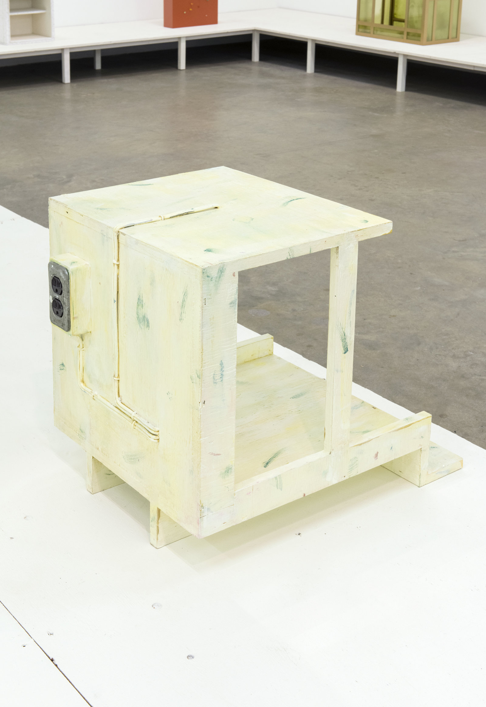 Ashes Withyman, E12 e, 2013, plywood, electrical components, paint, 20 x 23 x 18 in. (51 x 57 x 46 cm)