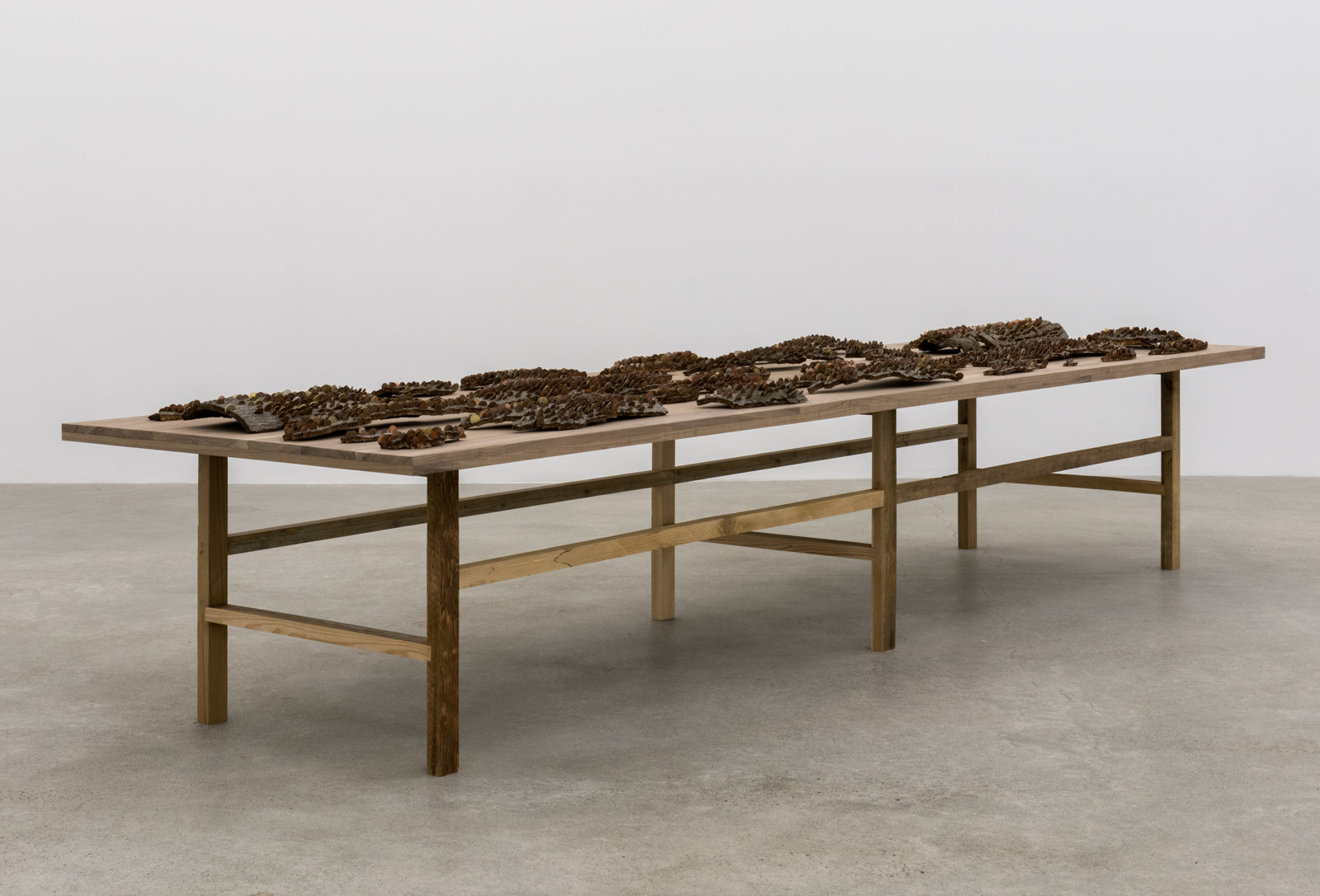 Ashes Withyman, Entrance Fee from a place, near the buried canal, 2012–2016, 43 pieces of bark with various currency, wood table, 27 x 45 x 136 in. (69 x 114 x 346 cm)