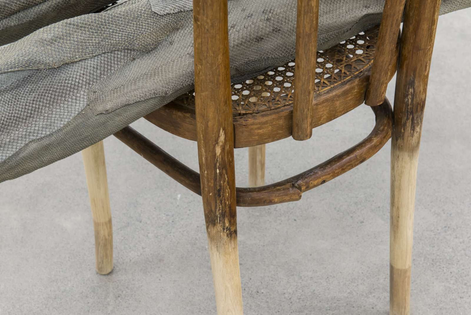 Ashes Withyman, Into the Water (In his Leather Breeches) (detail), 2008, fish leather, cotton thread, maple buttons, wooden chair, 28 x 35 x 15 in. (71 x 89 x 38 cm)