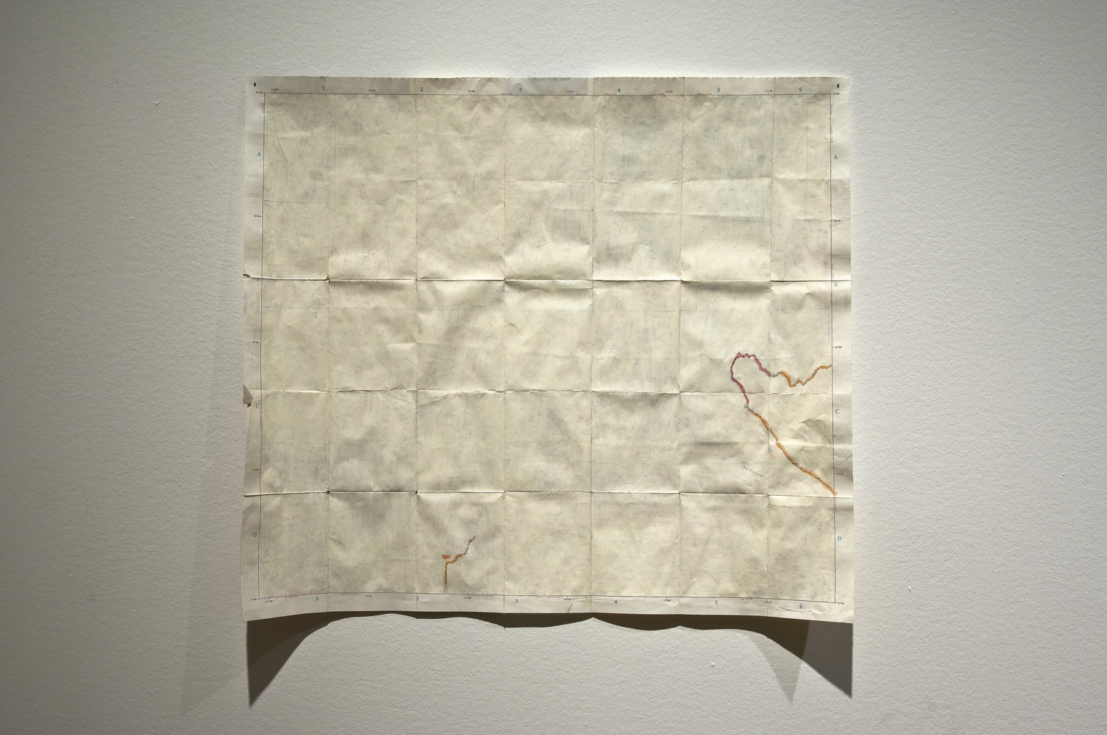 Ashes Withyman, Map (from Uncertain Pilgrimage), 2006–2009, paper map, 22 x 30 in. (55 x 76 cm). Installation view, Nomads, National Gallery of Canada, Ottawa, 2009