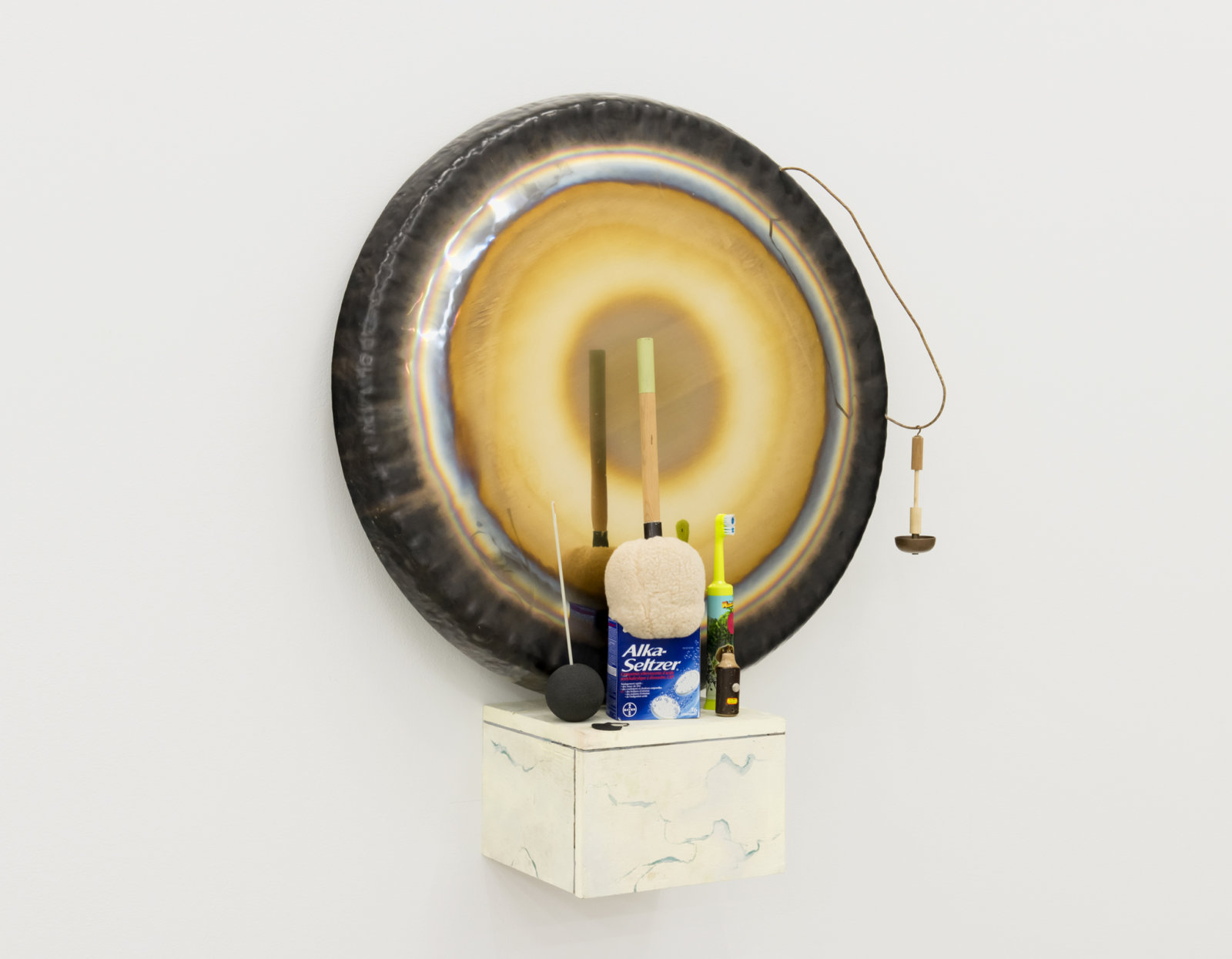 Ashes Withyman, Musca, Altar, Cetus, Compass, Furnas, River, Cup, 2017–2018, gong, alka-seltzer, mallet, animal calls, electric toothbrush, bell, painted plywood, 25 x 32 x 9 in. (64 x 81 x 23 cm)