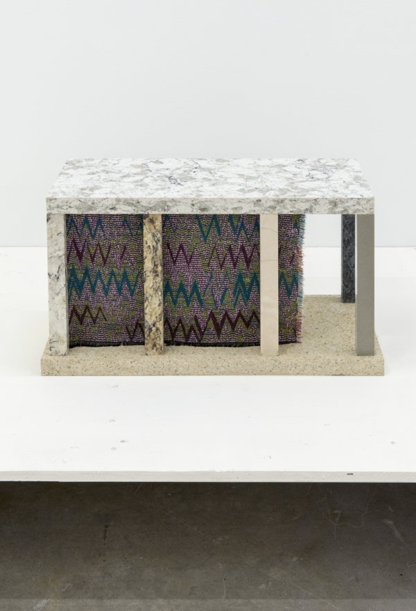 Gareth Moore, Old World CS-01 f, 2013, corian, stone, handkerchief, fabric from Turkish market, 13 x 23 x 11 in. (32 x 58 x 28 cm)