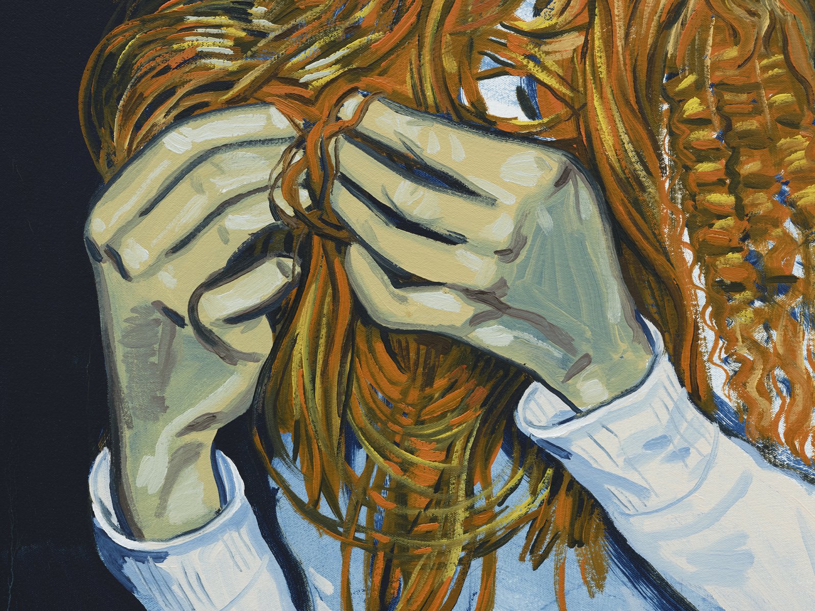 ​​Damian Moppett, Hairdo (detail), 2020, oil on canvas, 51 x 45 in. (128 x 115 cm)​ by Damian Moppett