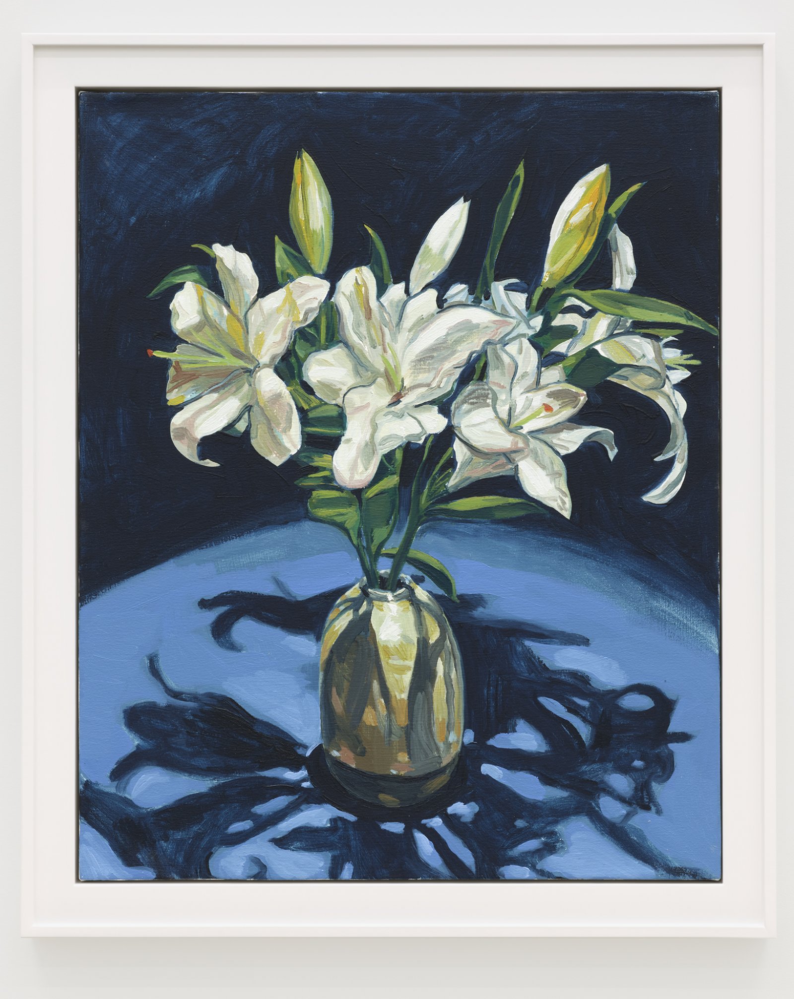 Damian Moppett, Lilies (Indigo), 2020, oil on canvas, 32 x 27 in. (82 x 69 cm) by Damian Moppett