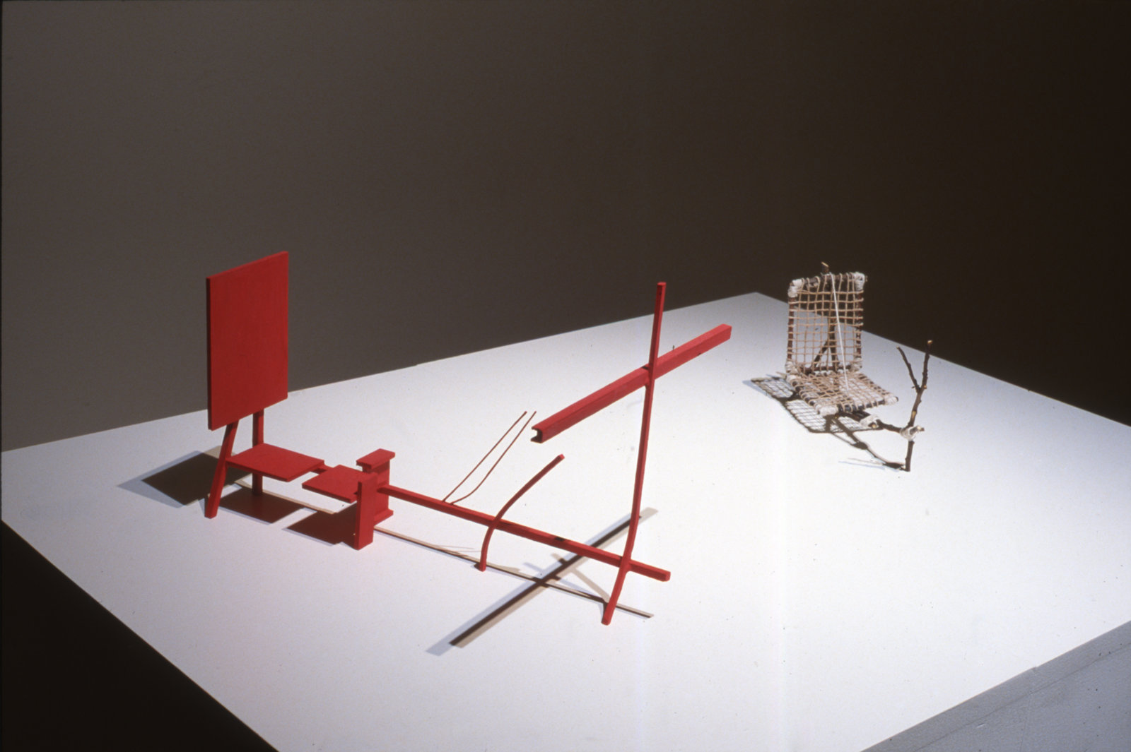 Damian Moppett, 1815/1962, 2003, DVD, large trap, tools, drawing, poster, balsa wood, gesso, tempera, twigs, string, oil paint, dimensions variable