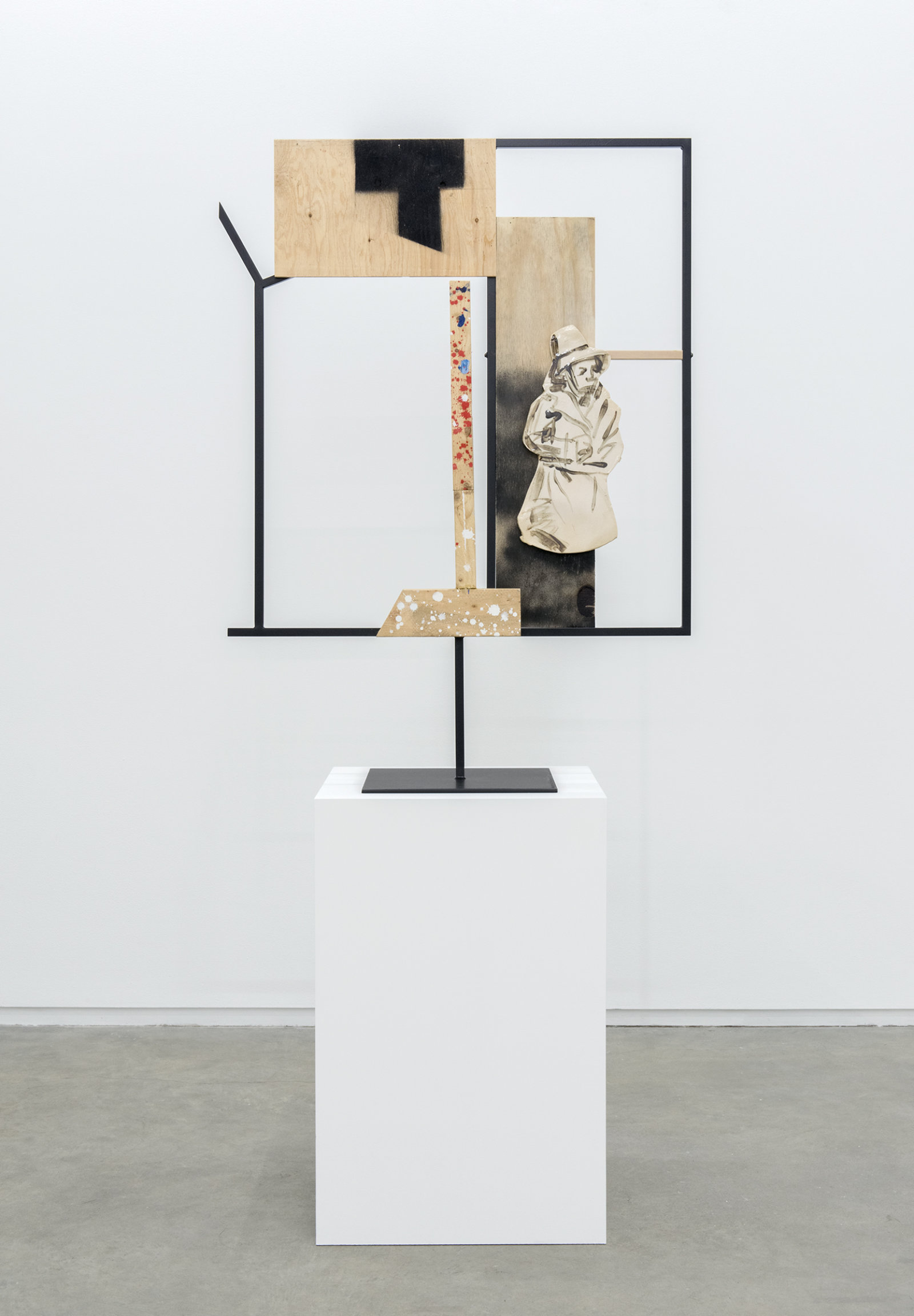Damian Moppett, Exhibition at 22 Fitzroy St. London, May 1953, 2013, paint, stoneware, wood, 78 x 35 x 20 in. (198 x 88 x 51 cm)